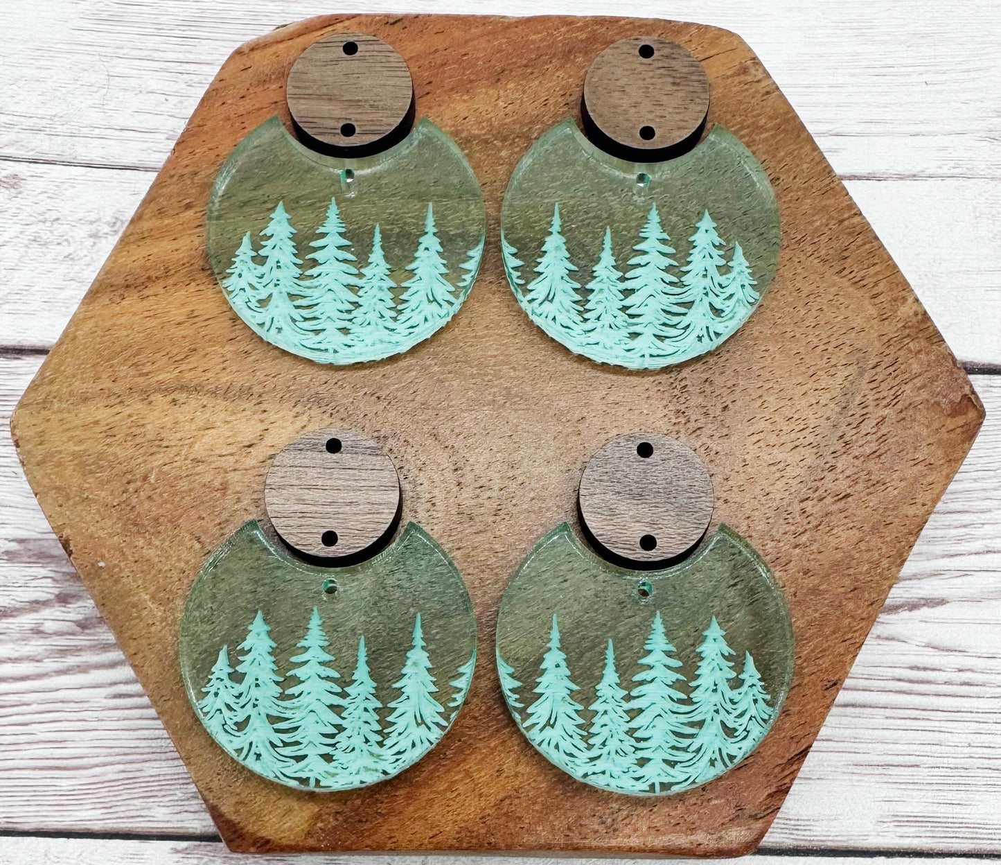 Engraved Trees Green Glass Acrylic Winter Set Christmas Earring Blank Set, DIY Jewelry Making