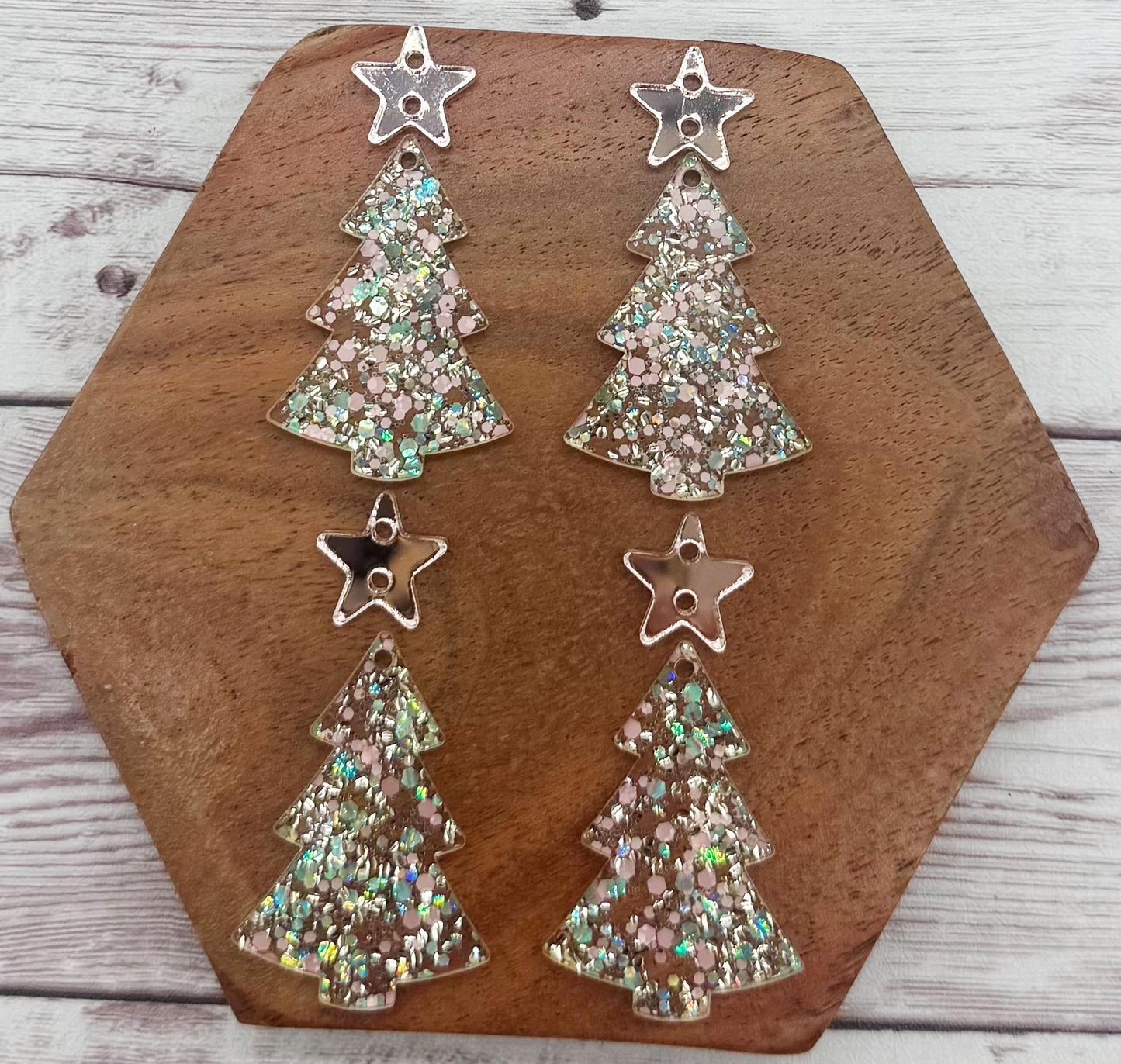 Champagne Glitter Christmas Tree with Mirrored Rose Gold Star Connector Acrylic Earring Blanks, DIY Jewelry Making