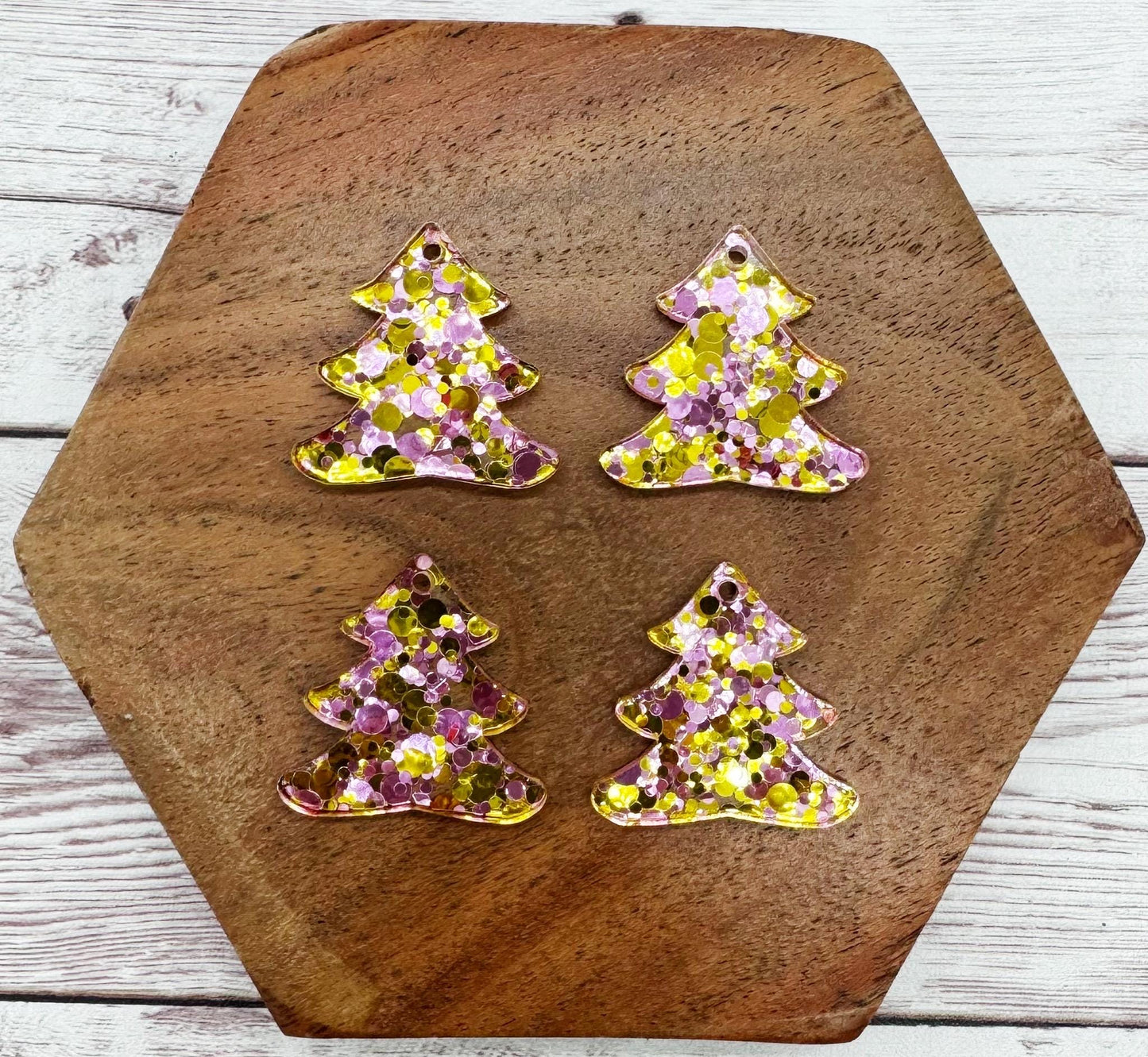 Set of 2 Pink and Gold Glitter Acrylic Christmas Tree Earring Blanks DIY Jewelry Making