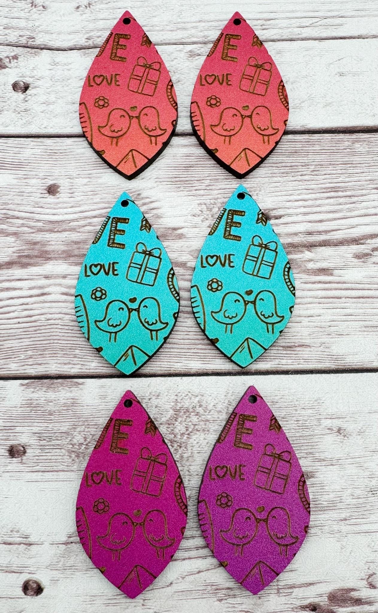 Ombré Valentine Doodle Engraved Wood Earring Blanks, DIY Jewelry Making