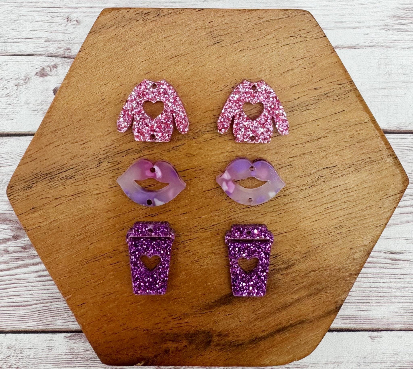 Sweater, Lips, and Coffee Pink and Purple Valentine Trio Acrylic Earring Blanks, DIY Jewelry Making