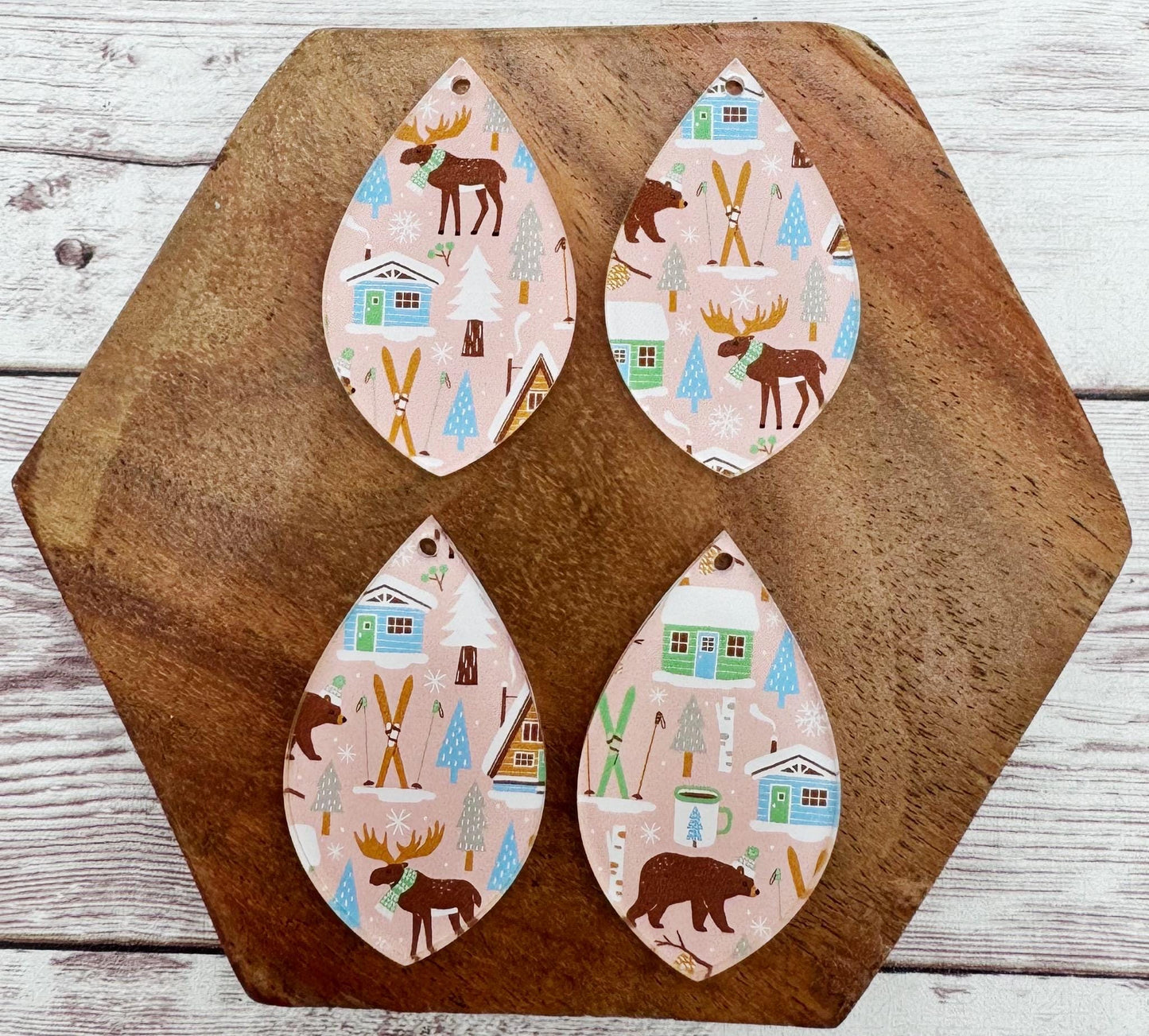 Woodland Christmas Print Acrylic Teardrop Earring Blanks, DIY Jewelry Making