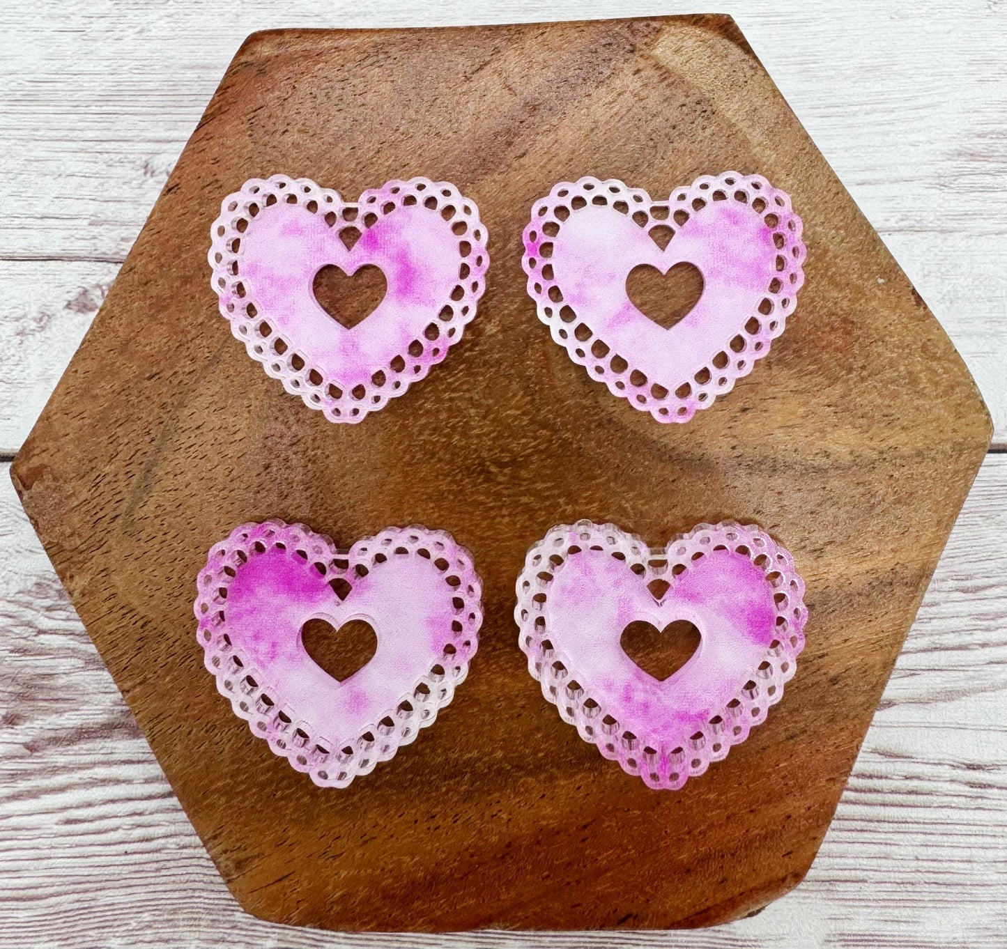Pink Sponge Print Intricate Doily Heart Valentine Acrylic Earring Blanks, DIY Jewelry Making