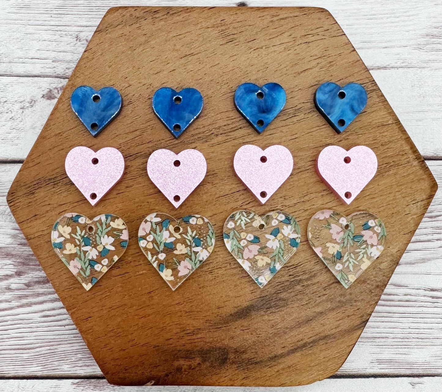 Floral Print, Shimmer, and Marbled Stacked Heart Trio Acrylic Valentine Earring Blanks, DIY Jewelry Making