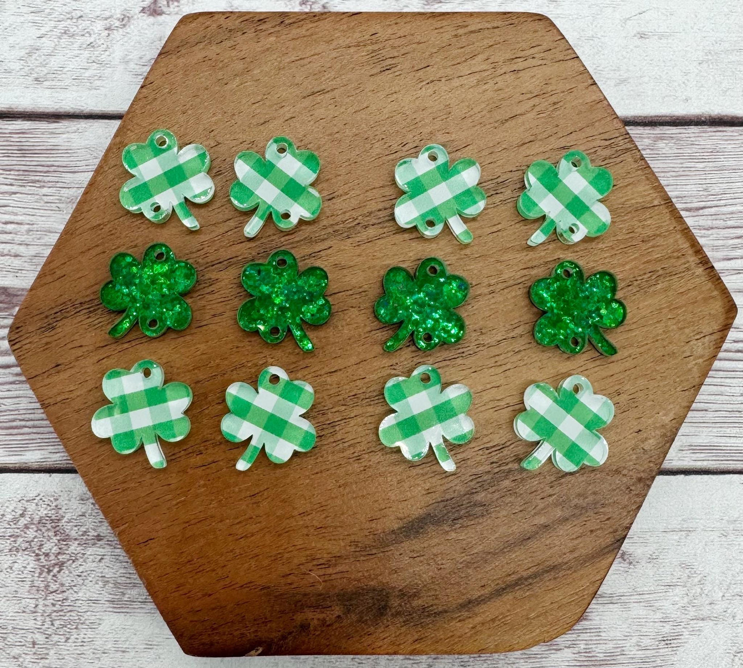 Green Plaid and Glitter Shamrock Trio St. Patrick’s Day Acrylic Earring Blanks, DIY Jewelry Making