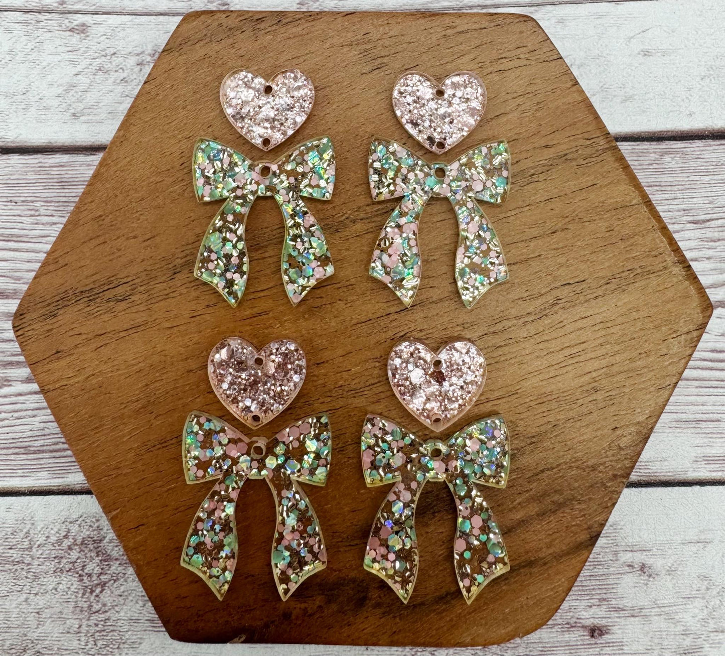 Mixed Pink Glitter Bow and Glitter Heart Connector Set Valentine Acrylic Earring Blanks, DIY Jewelry Making