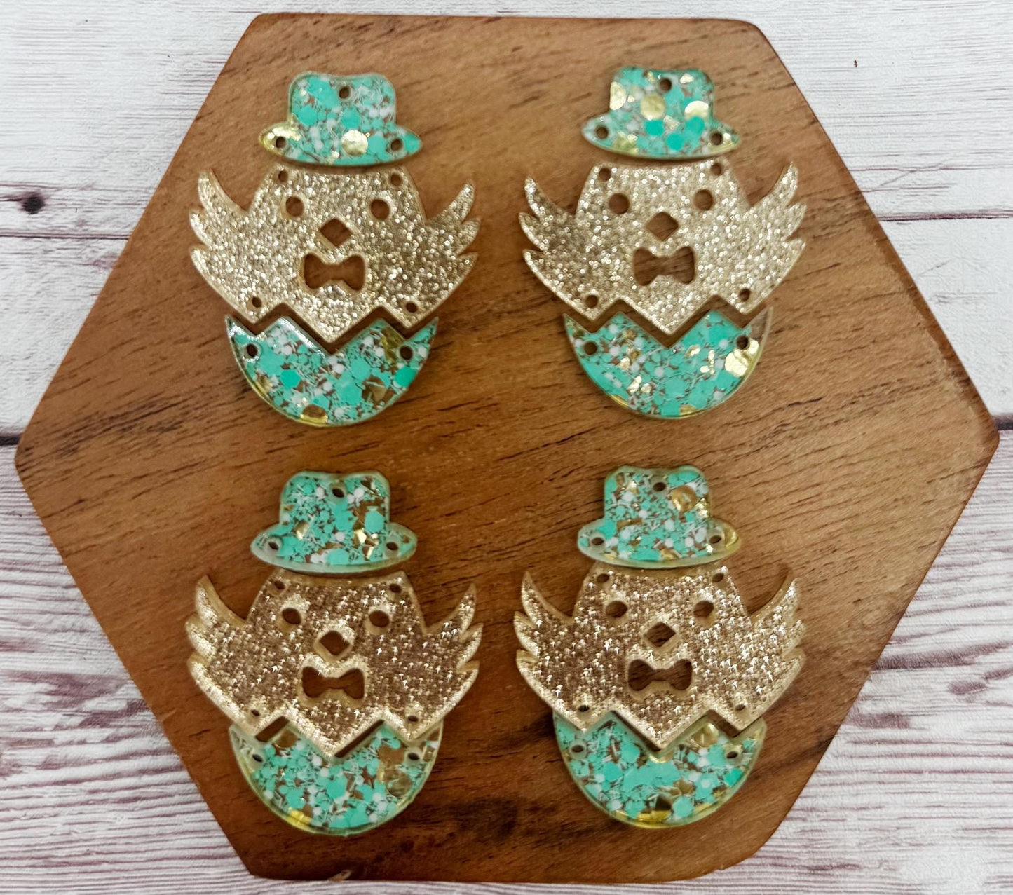 Teal and Gold Glitter Easter Chick and Egg Spring Earring Blank Set, DIY Jewelry Making