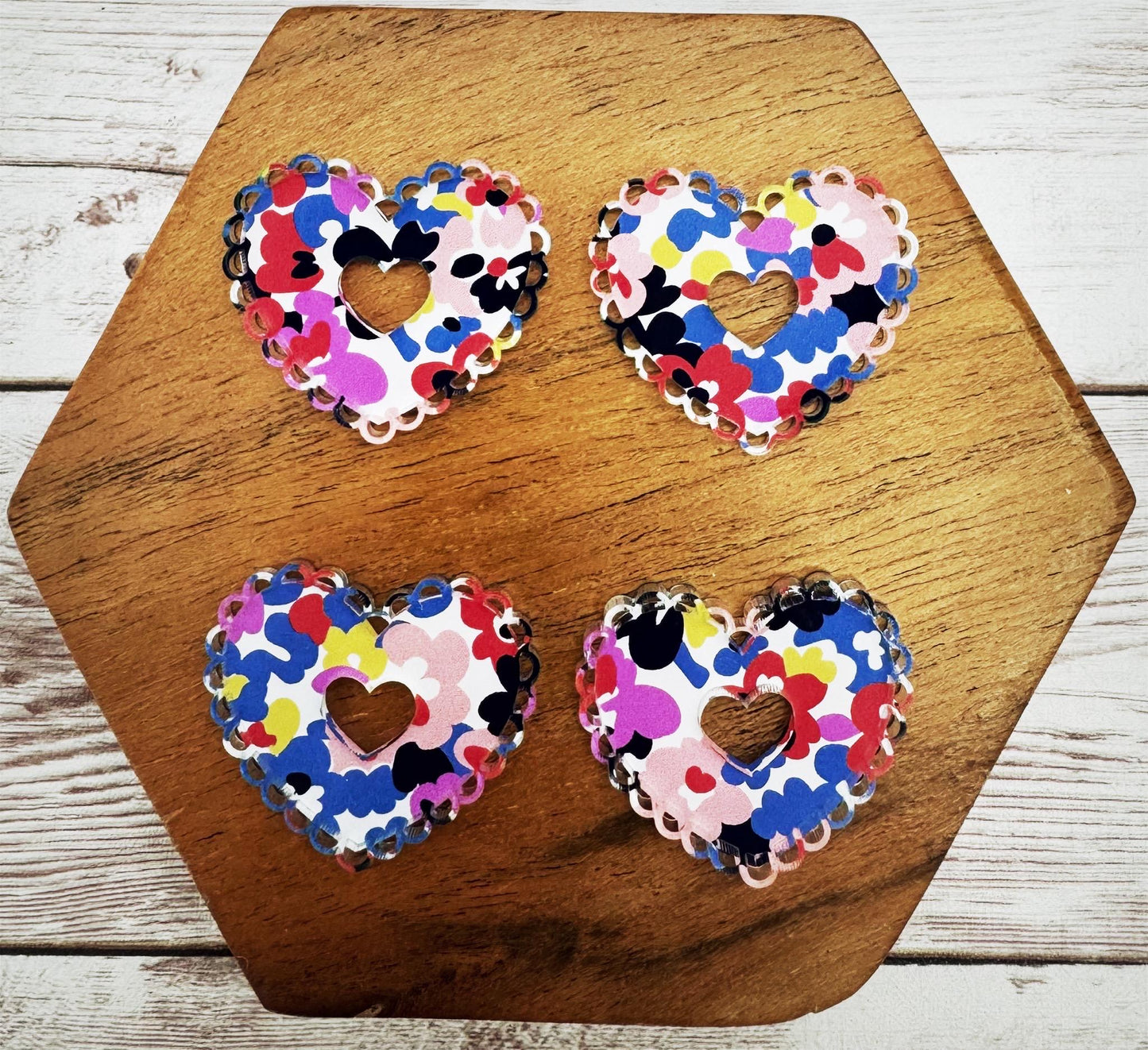 Multicolor Floral Intricate Doily Heart Valentine Acrylic Earring Blanks, DIY Jewelry Making
