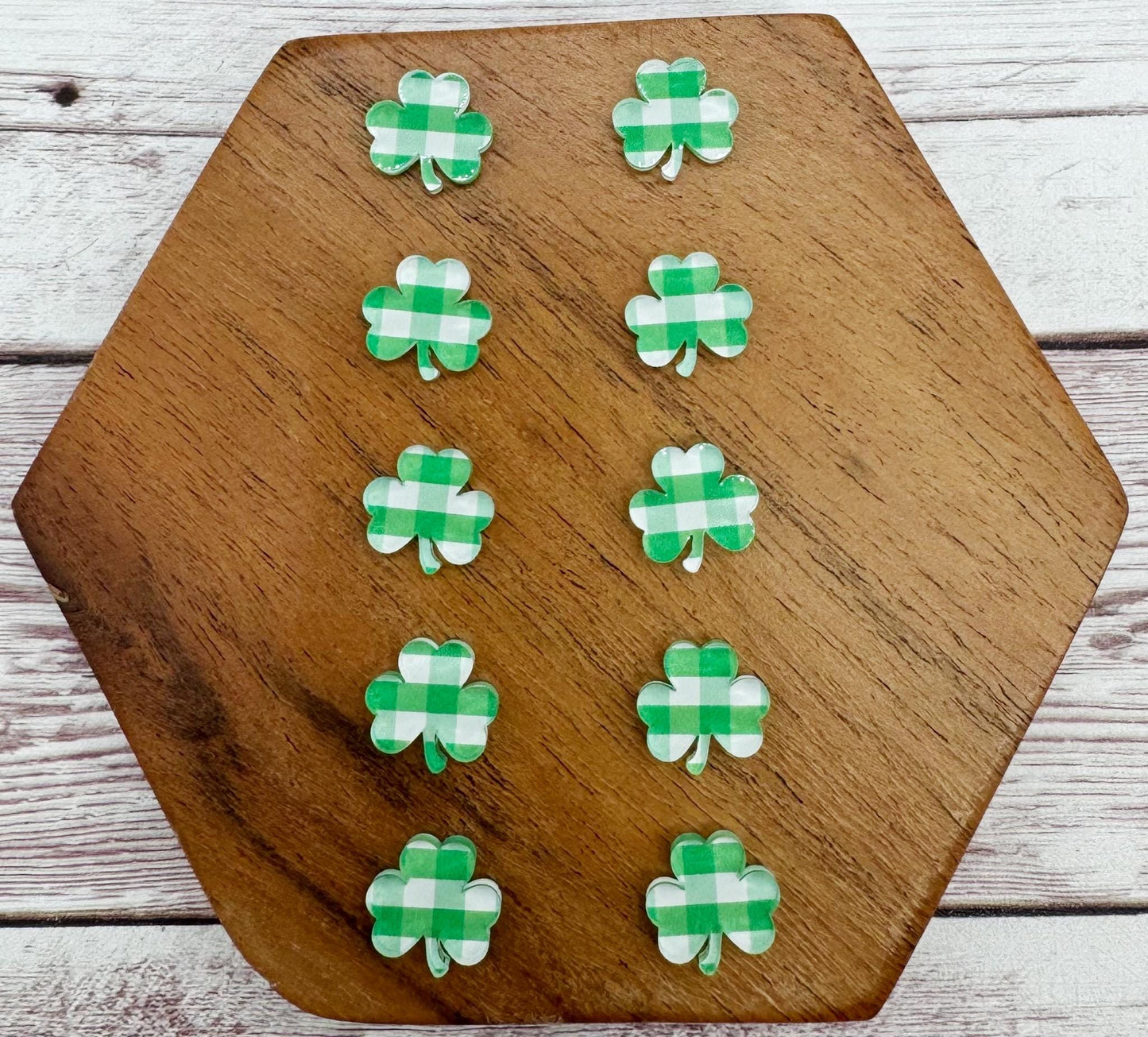 Green and White Plaid Shamrock Acrylic Stud Earring Blanks Set of 5 Pair DIY Jewelry Making