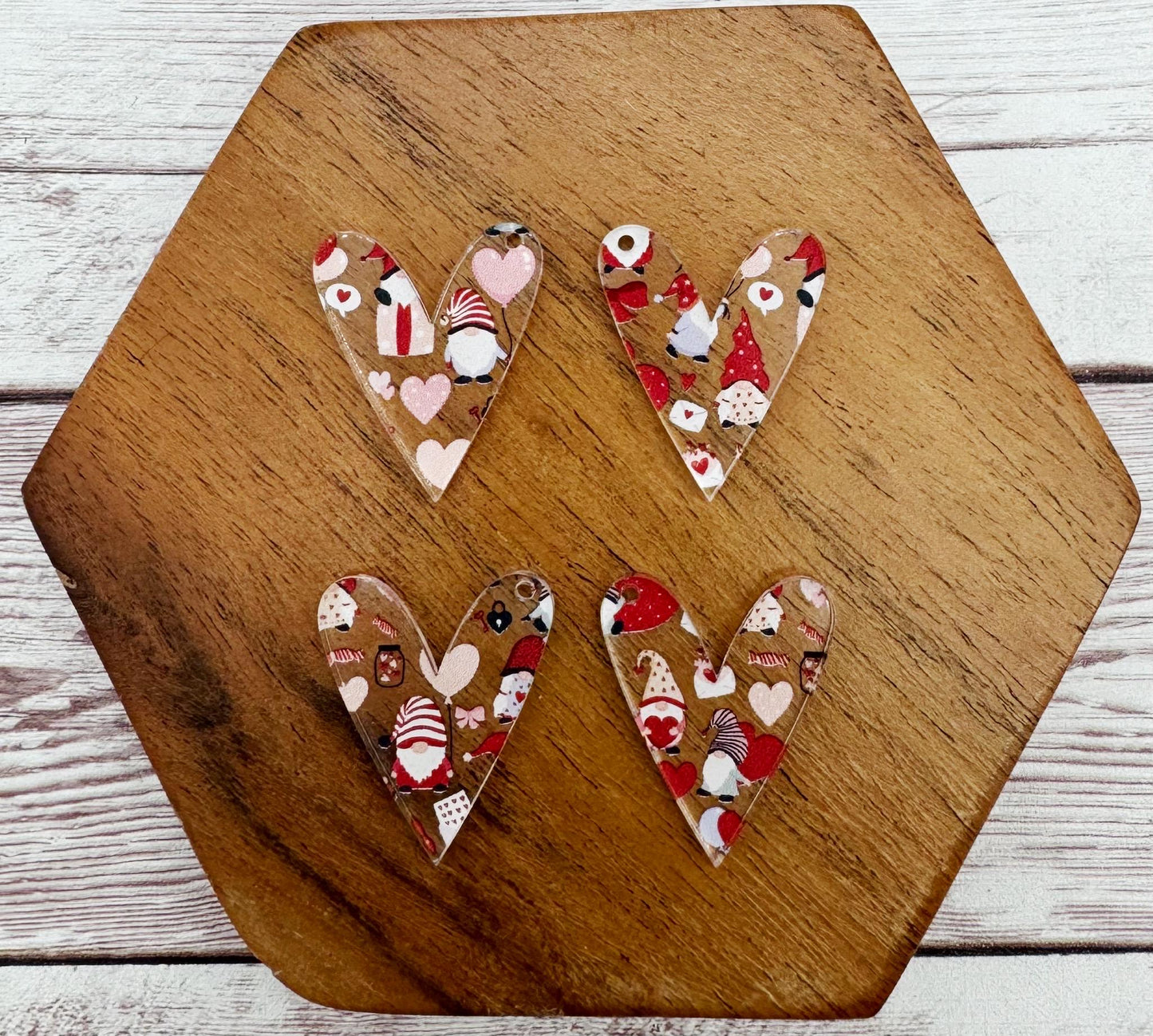 Set of 2 Pair Valentine Gnome Print Acrylic Heart Dangle Blanks DIY Jewelry Making