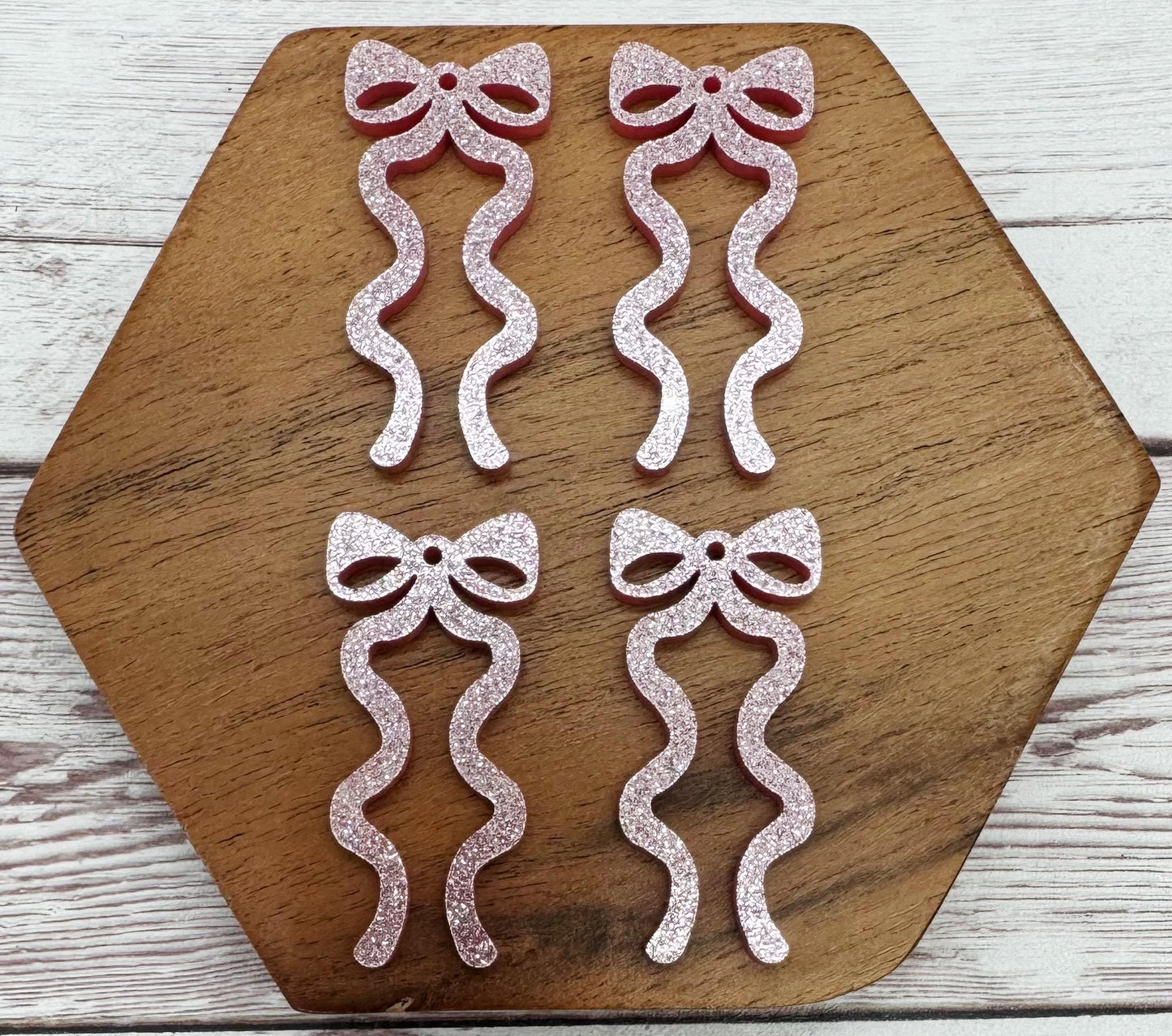 Pink Shimmer Glitter Acrylic Long Ribbon Bow Earring Blanks, DIY Jewelry Making