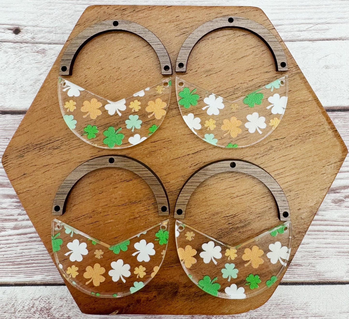 Shamrock Print Acrylic and Wood Arch Round Earring Blanks, St. Patrick’s Day, DIY Jewelry Making