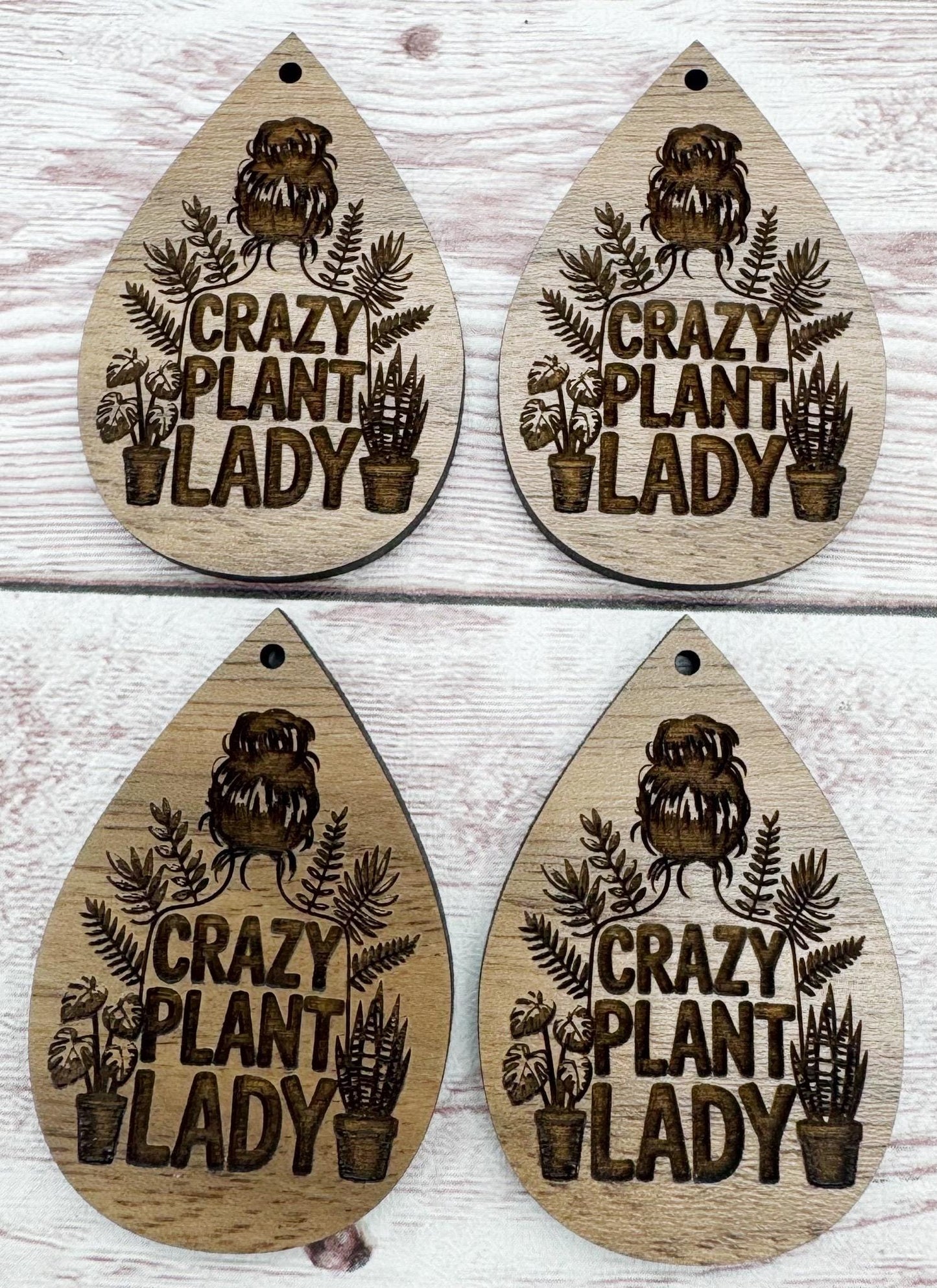 Crazy Plant Lady Engraved Teardrop Earring Blanks, Finished Walnut Blank, DIY Jewelry Making