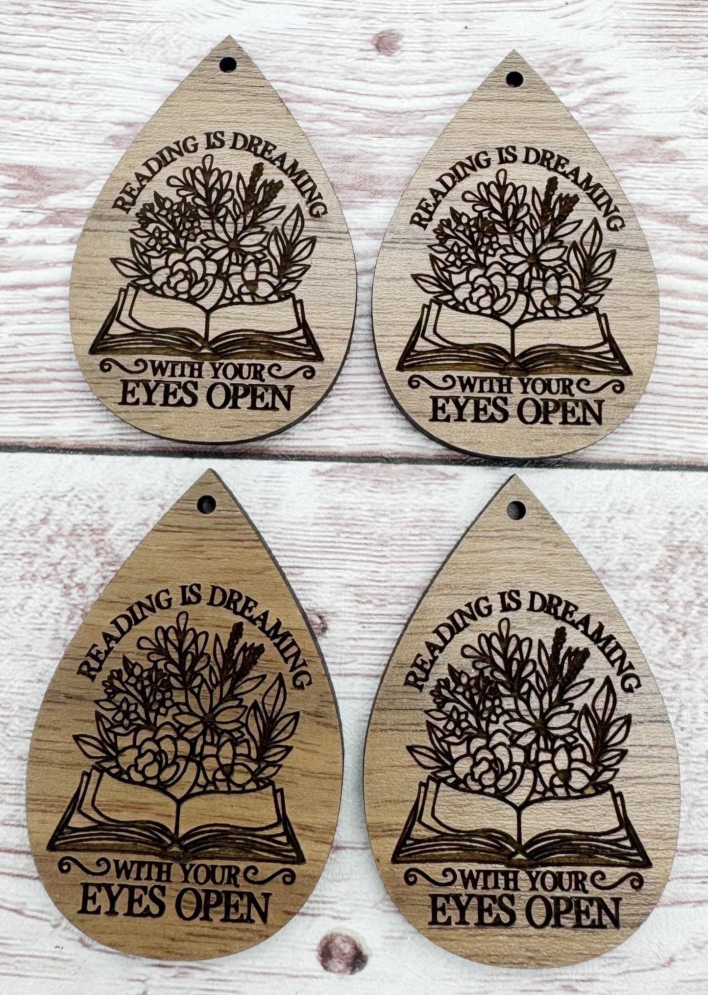 Reading is Dreaming With Your Eyes Open Engraved Book Teardrop Earring Blanks, Finished Walnut Blank, DIY Jewelry Making