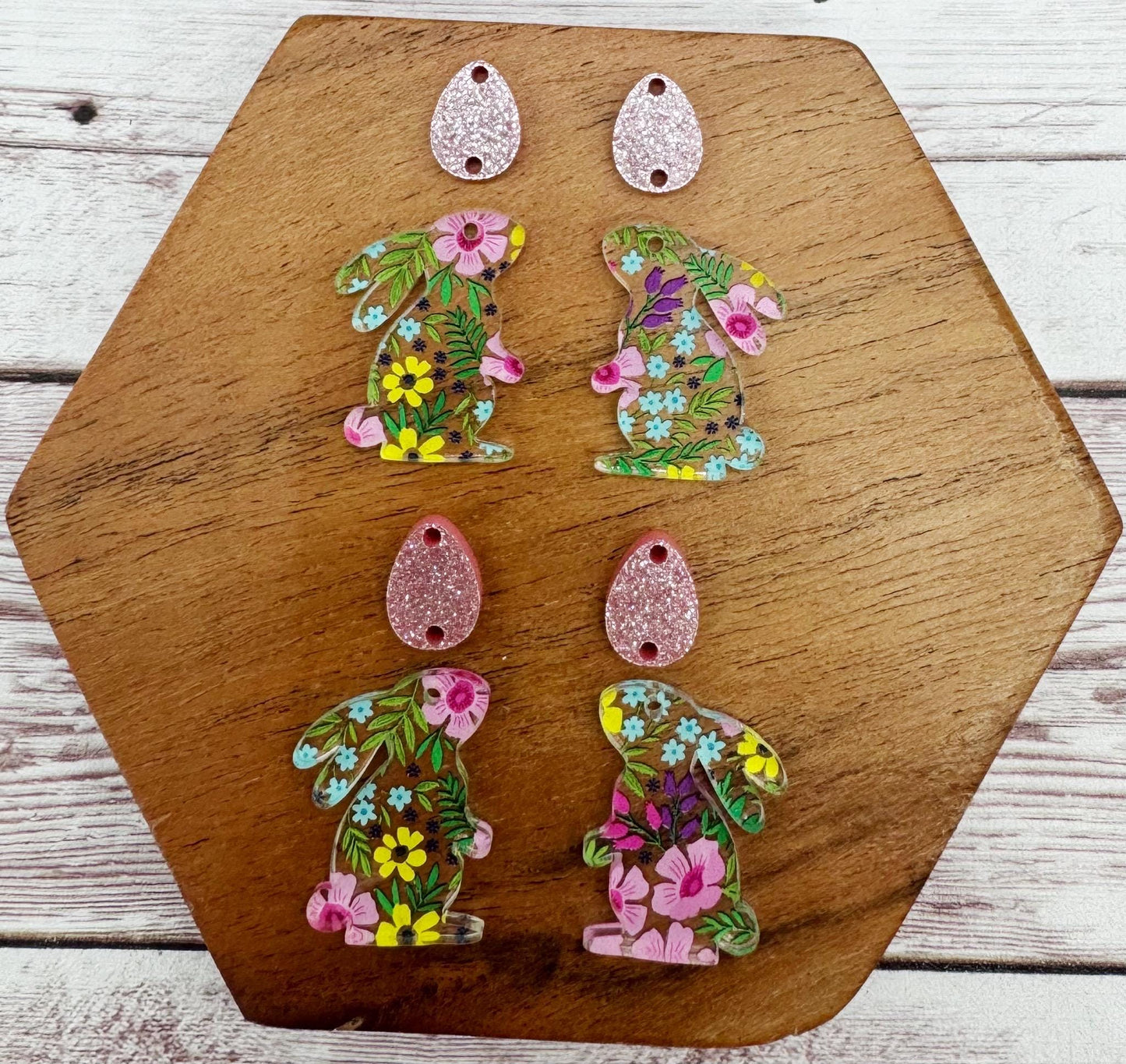 Spring Floral Print Bunny Rabbit and Egg Set Easter Earring Blanks, DIY Jewelry Making