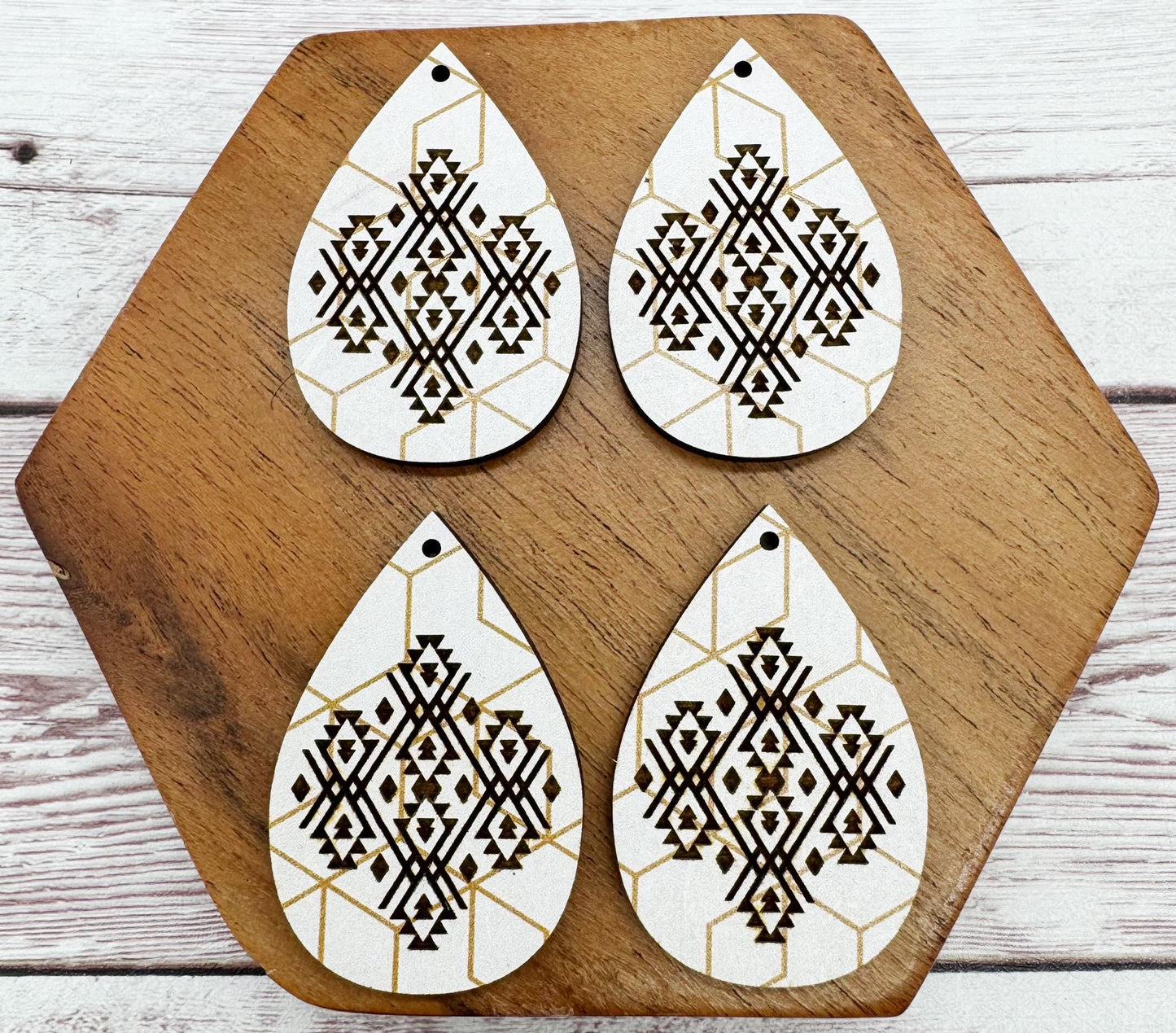 Patterned Wood Engraved Aztec Tribal Teardop Earring Blanks, DIY Jewelry Making