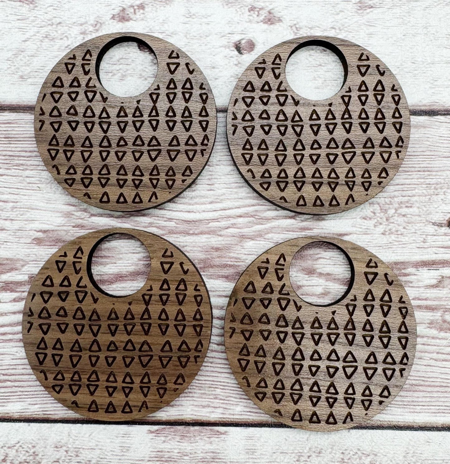 Engraved Tribal Triangles Print Hoop Walnut Earring Blanks, DIY Jewelry Making