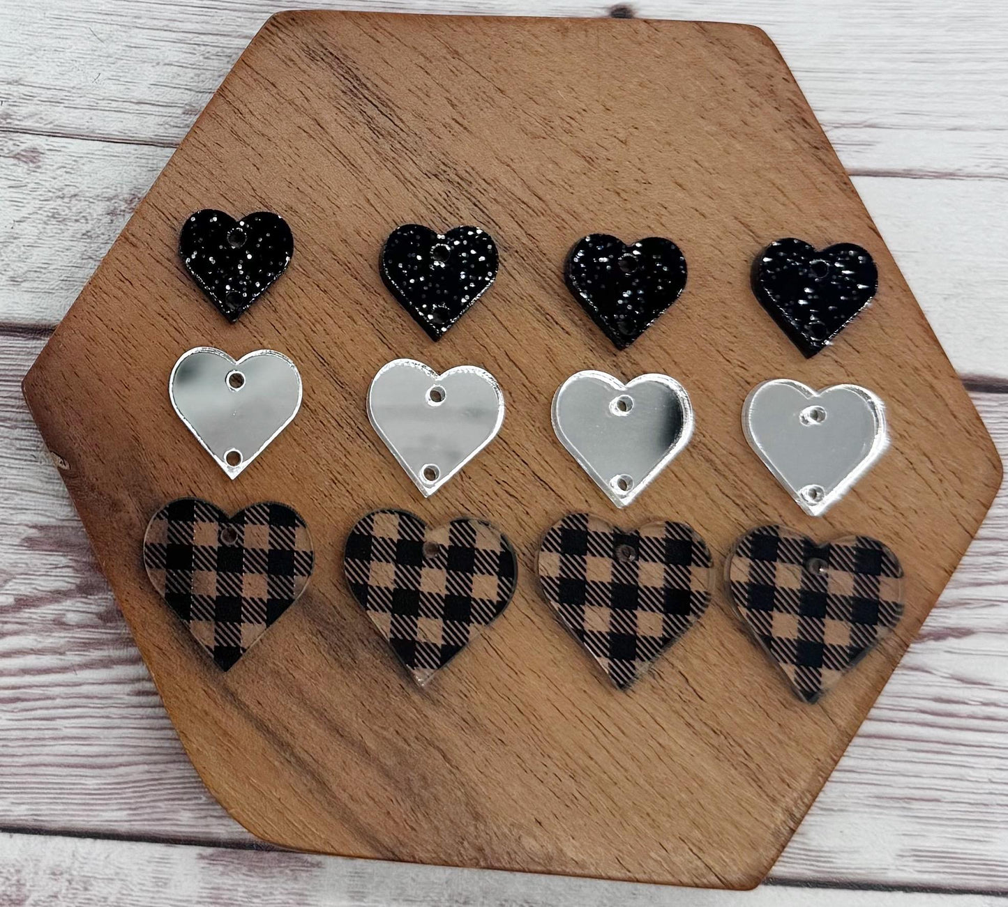 Black Plaid, Silver Mirror, and Black Glitter Stacked Heart Trio Acrylic Valentine Earring Blanks, DIY Jewelry Making