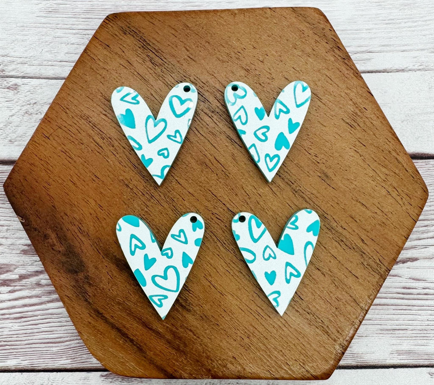Set of 2 Pair Aqua and White Heart Print Acrylic Dangle Blanks DIY Jewelry Making