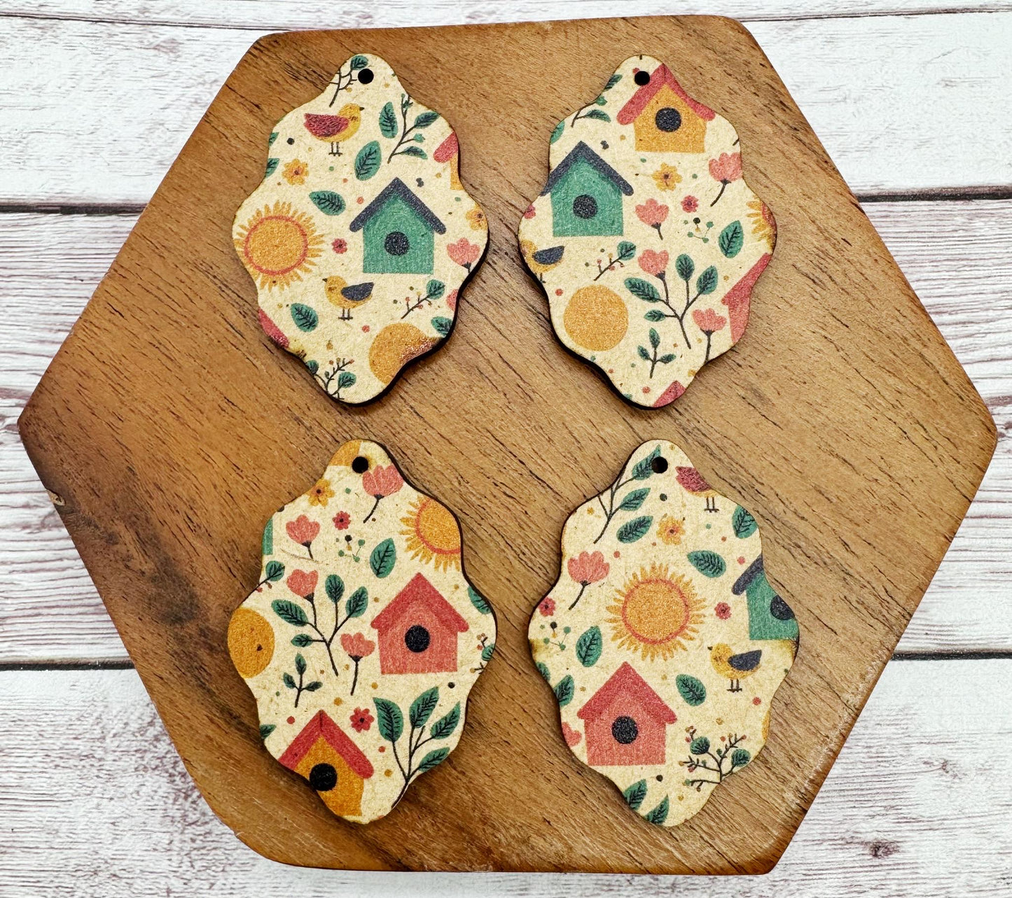 Patterned Birdhouse, Sun, and Flower Print Wavy Wood Earring Blanks, DIY Jewelry Making