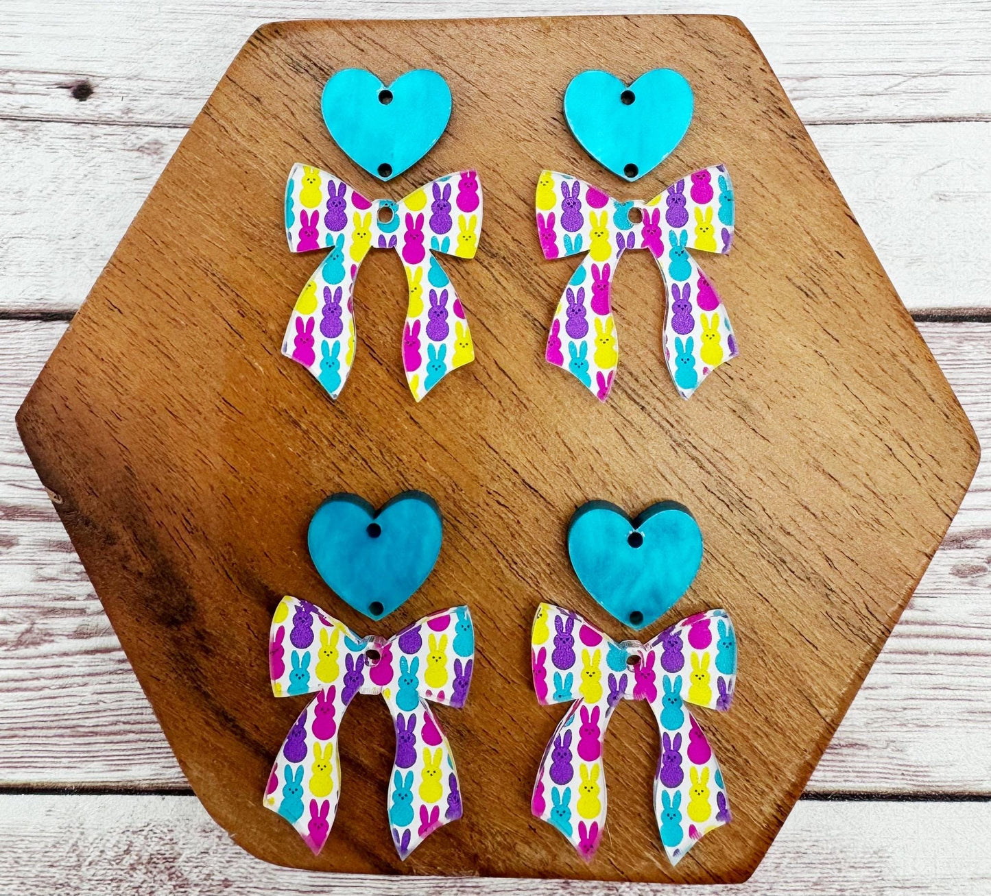 Easter Print Bow and Teal Heart Connector Set Acrylic Earring Blanks, DIY Jewelry Making
