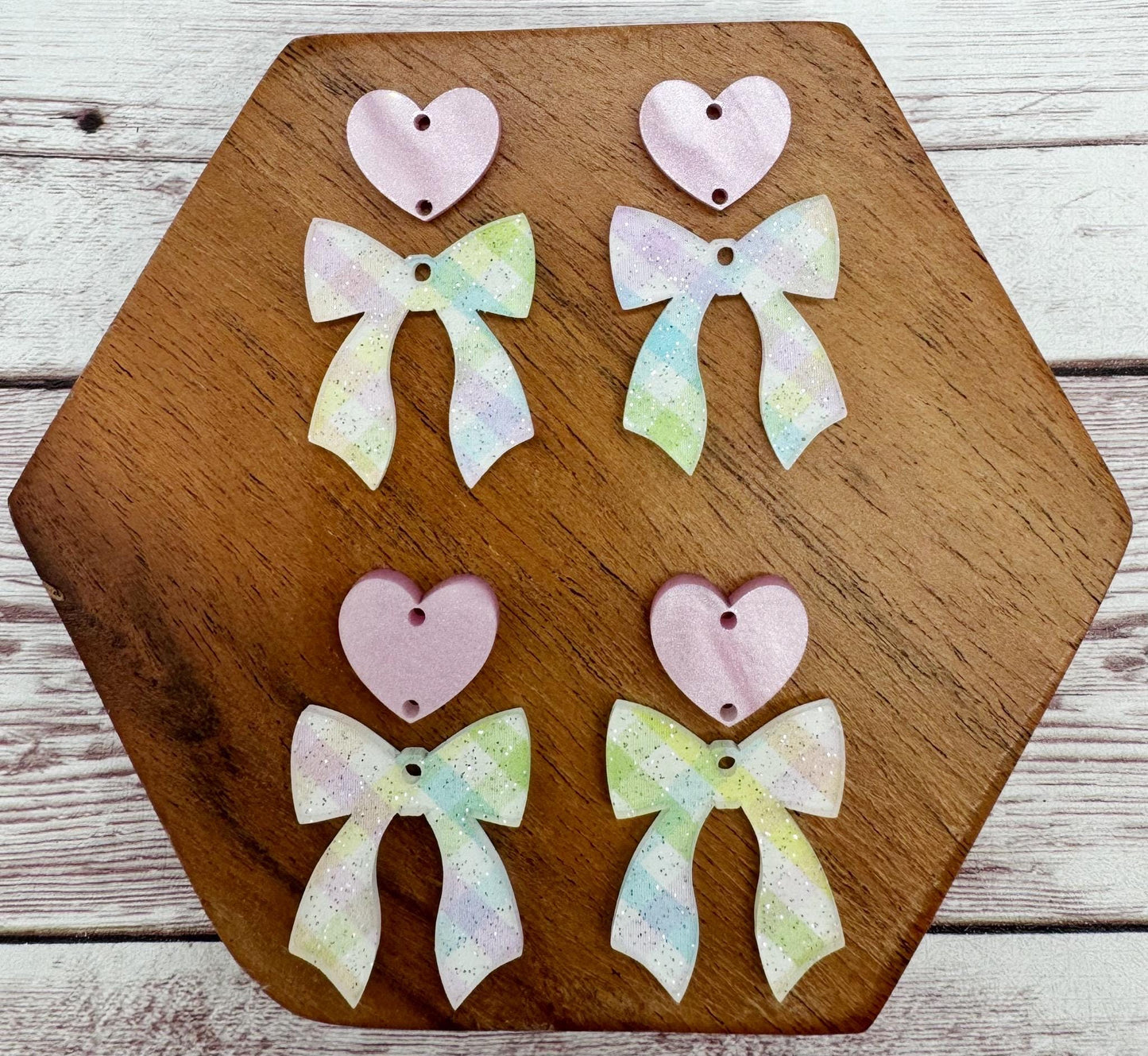 Glitter Pastel Plaid Print Bow and Pink Heart Connector Set Acrylic Earring Blanks, DIY Jewelry Making