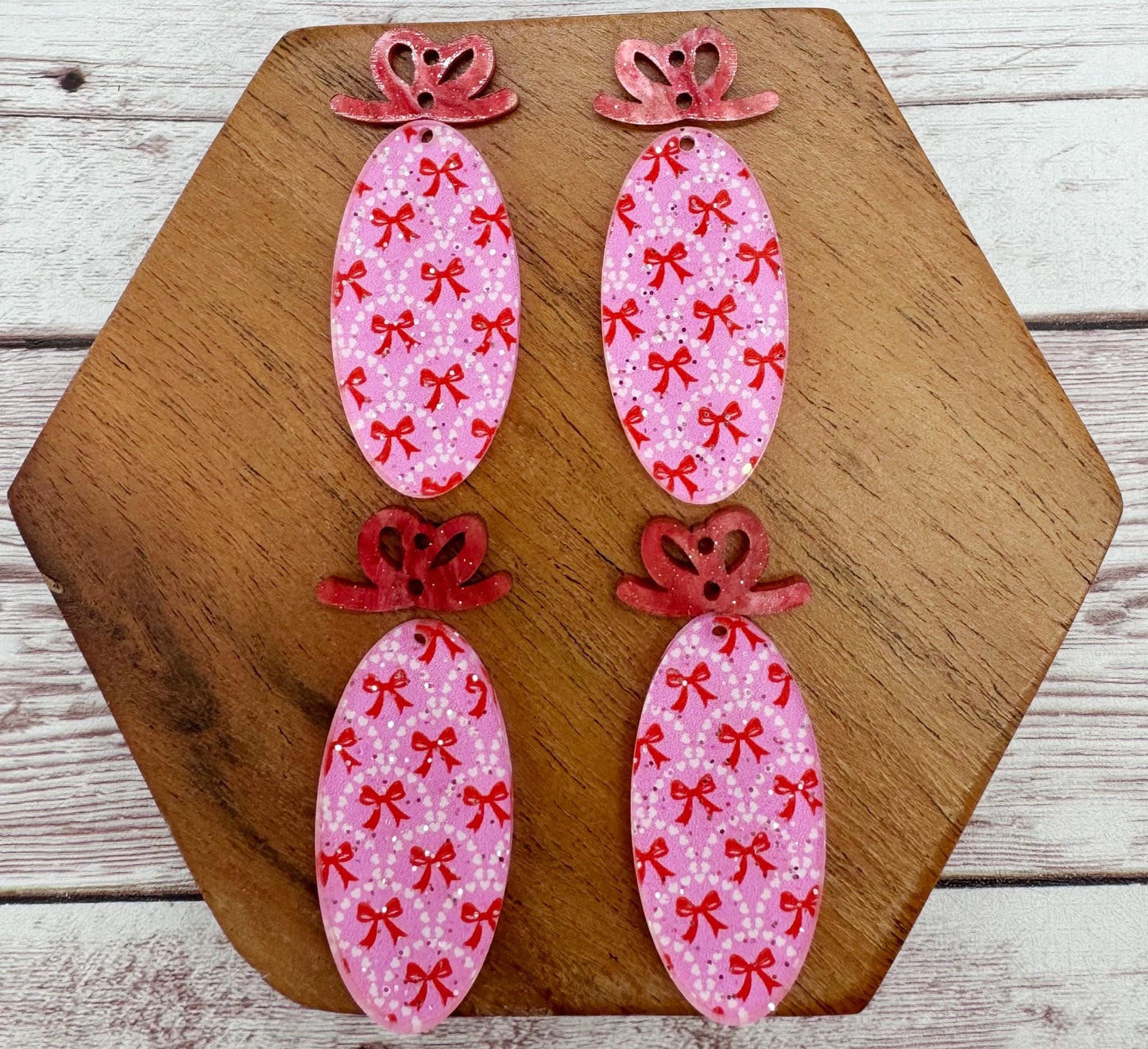 Valentine Glitter Bow Print Oval and Mini Bow Connector Set Acrylic Earring Blanks, DIY Jewelry Making