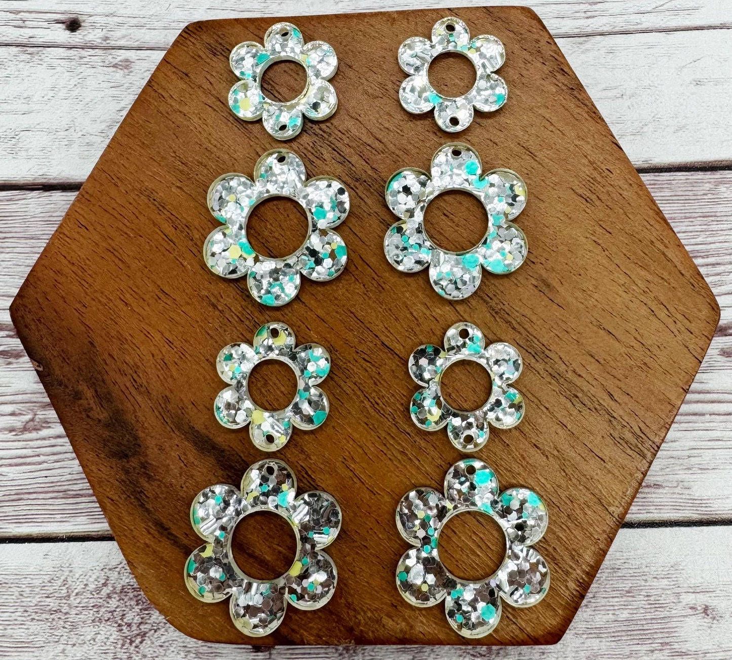 Silver Glitter Blend Flower Duo Earring Blanks, DIY Jewelry Making