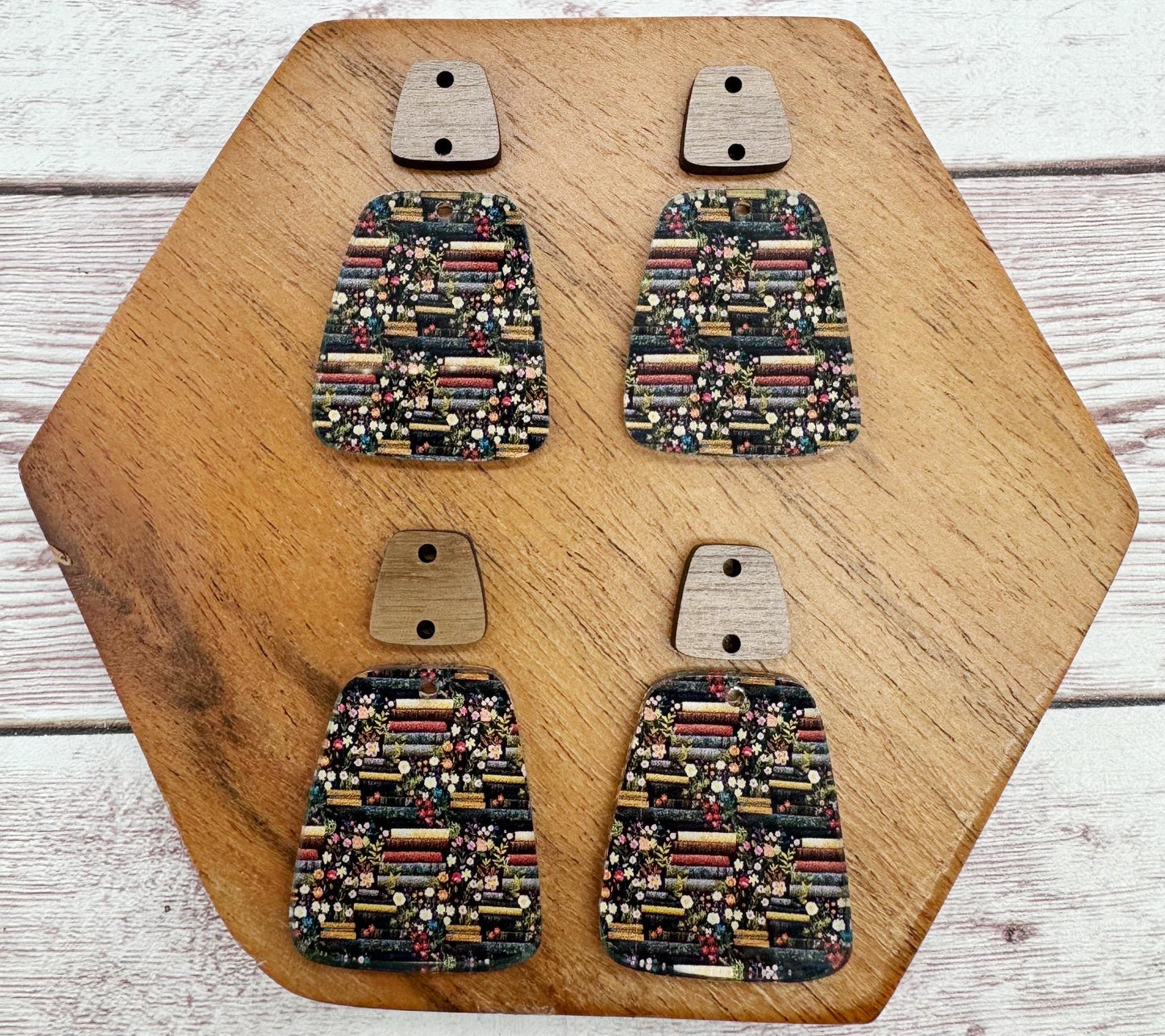 Books and Floral Print Acrylic Trapezoid and Wood Connector Set Reading Earring Blanks, DIY Jewelry Making
