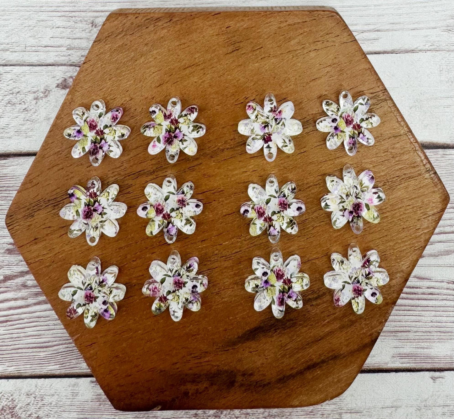 Purple Floral Print Acrylic Flower Trio Acrylic Earring Blanks, DIY Jewelry Making