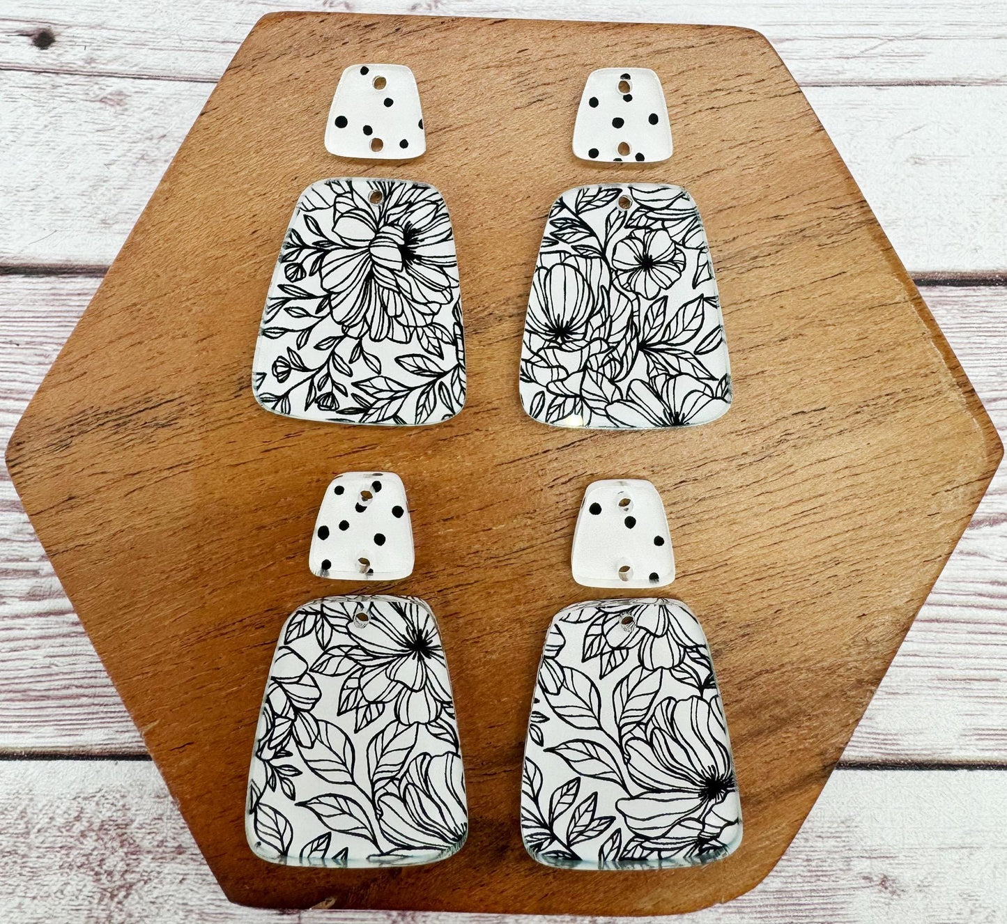Black and White Floral Print Acrylic Trapezoid and Connector Set Earring Blanks, DIY Jewelry Making