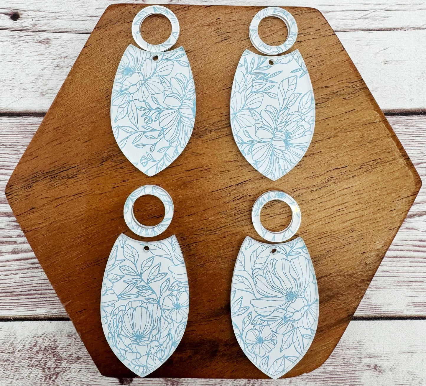 Blue and White Floral Print Acrylic Set Earring Blanks, DIY Jewelry Making
