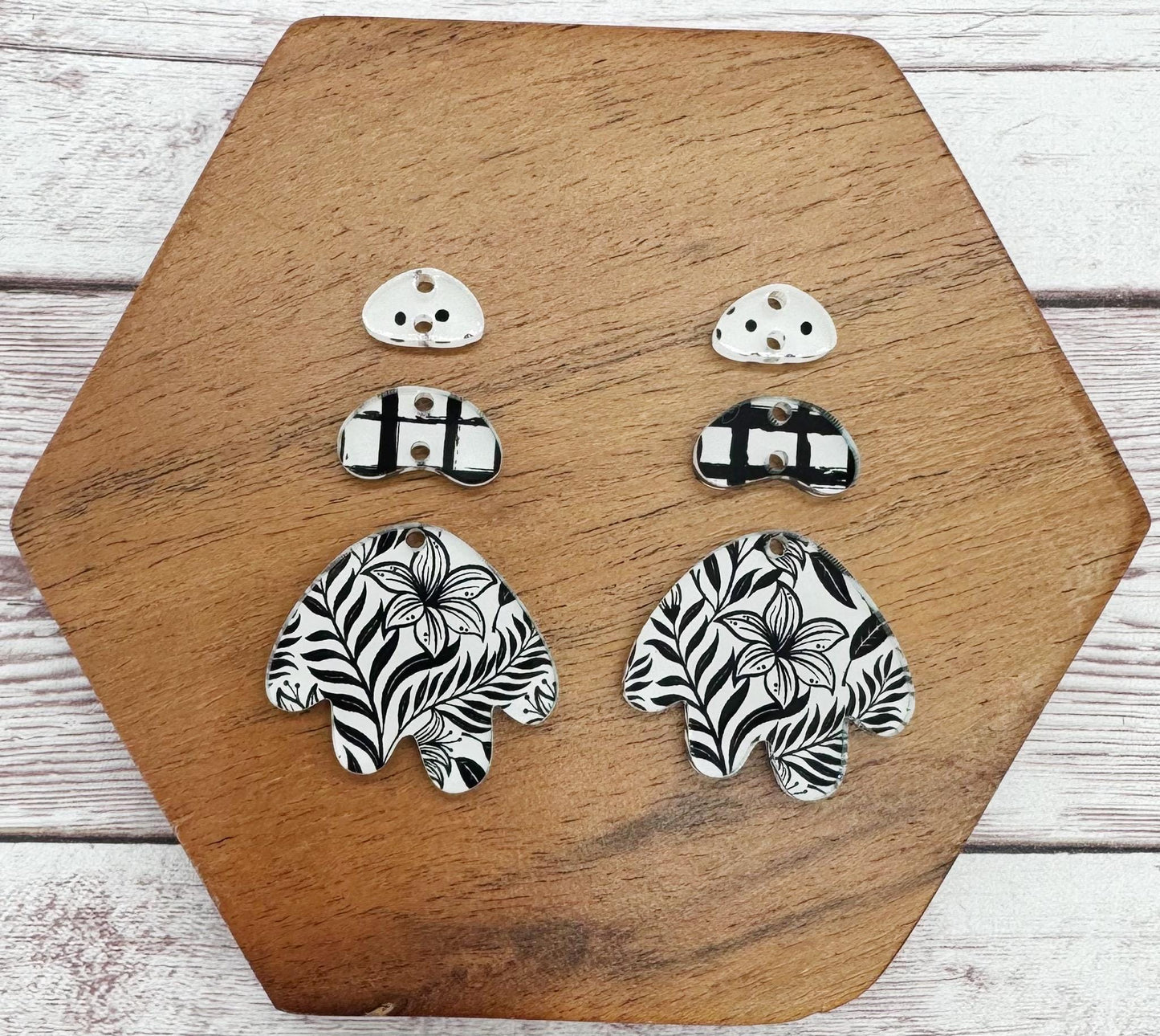 Black and White Floral Print Boho Acrylic Trio Set Earring Blanks, DIY Jewelry Making