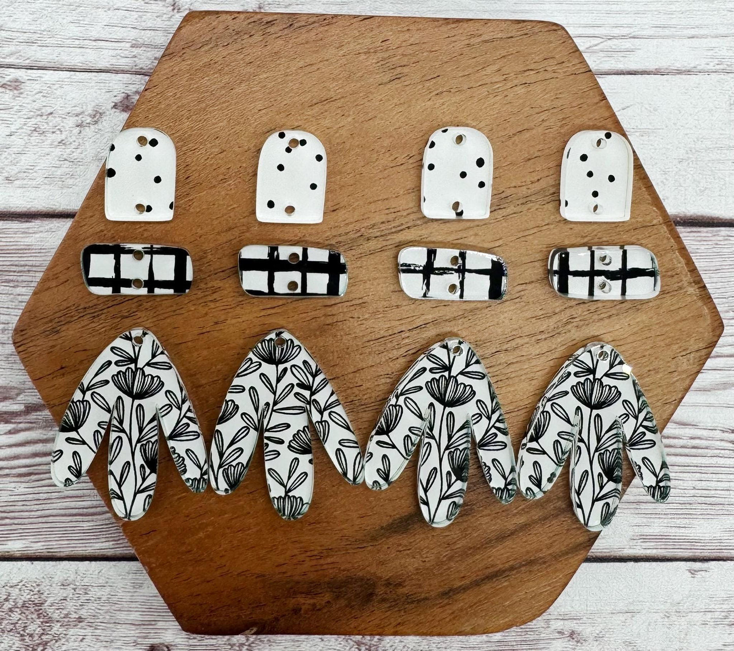 Black and White Floral Geometric Print Boho Acrylic Trio Set Earring Blanks, DIY Jewelry Making