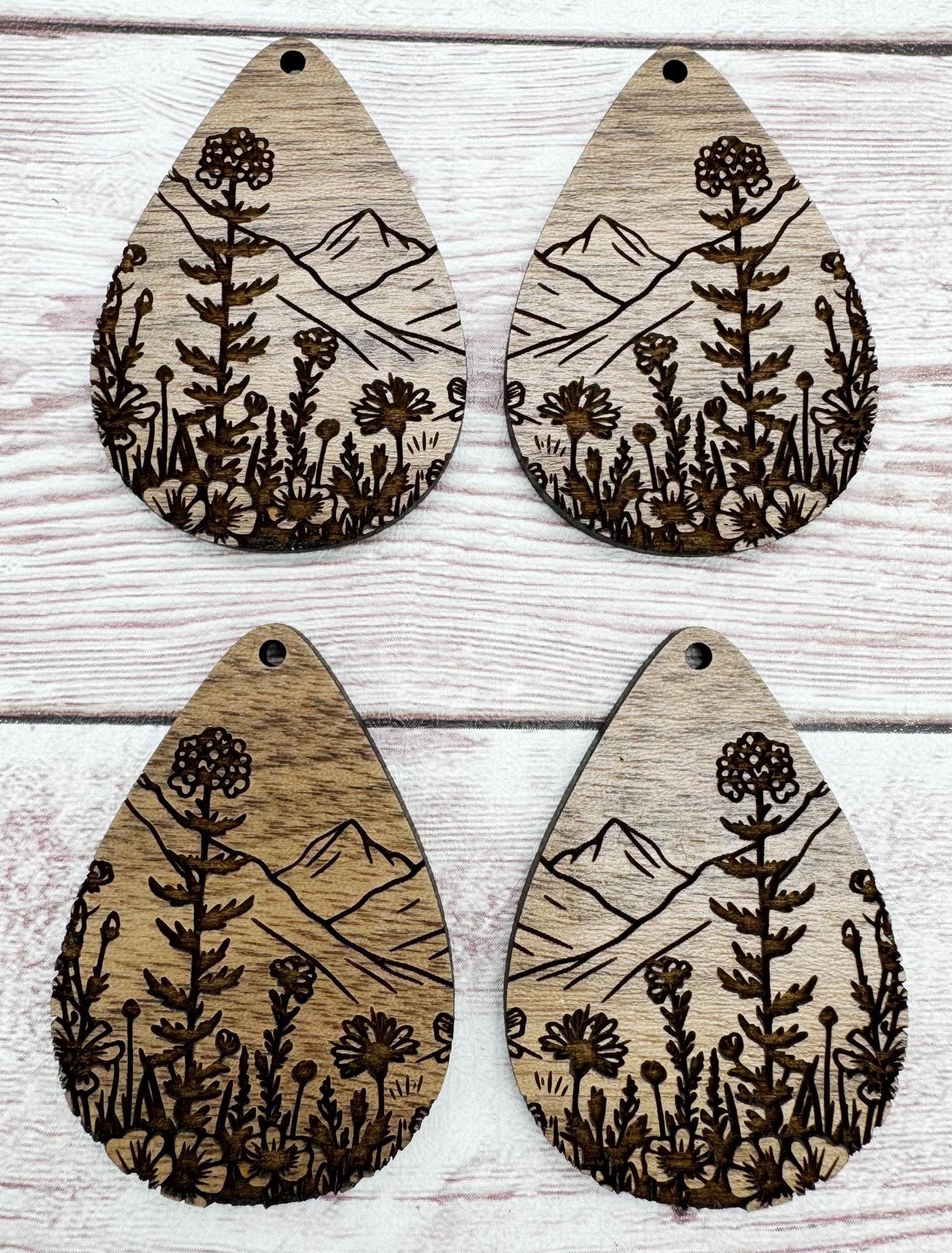 Engraved Wildflower and Mountains #2 Teardrop Earring Blanks, Finished Walnut Blank, DIY Jewelry Making