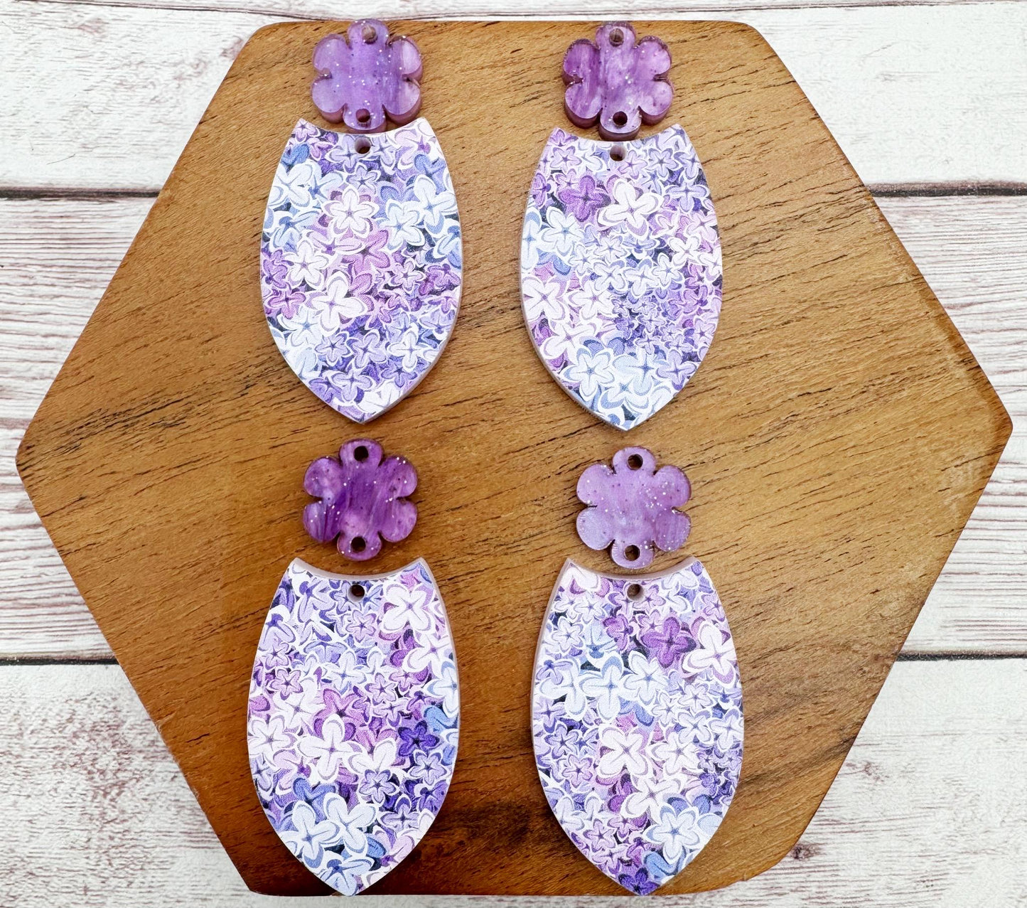 Lilac Print Acrylic and Flower Connector Set Earring Blanks, DIY Jewelry Making