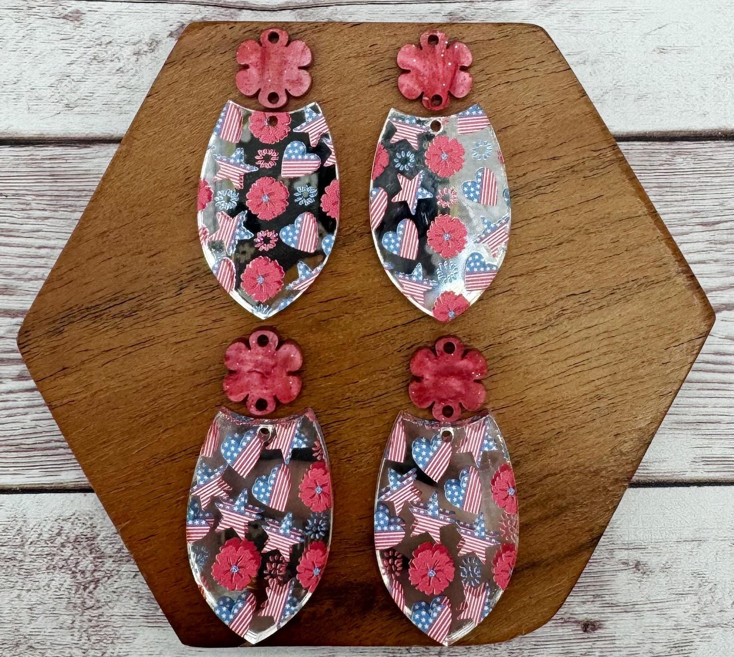 Mirrored Silver Floral and Flag Patriotic Print Acrylic and Flower Connector Set Earring Blanks, DIY Jewelry Making
