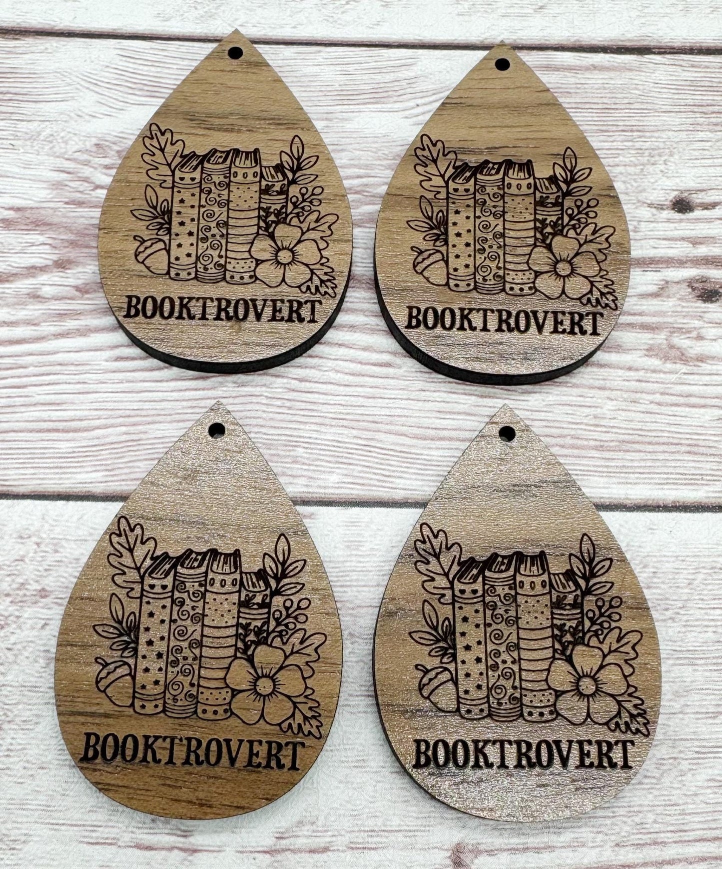 Floral Engraved Booktrovert Book Reading Teardrop Earring Blanks, Finished Walnut Blank, DIY Jewelry Making