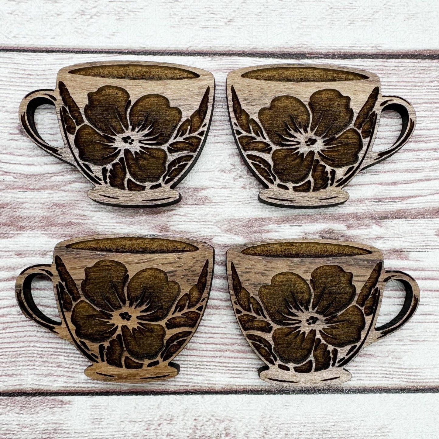 Wood Engraved Floral Teacup #2 Earring Blanks, Finished Walnut Blank, DIY Jewelry Making