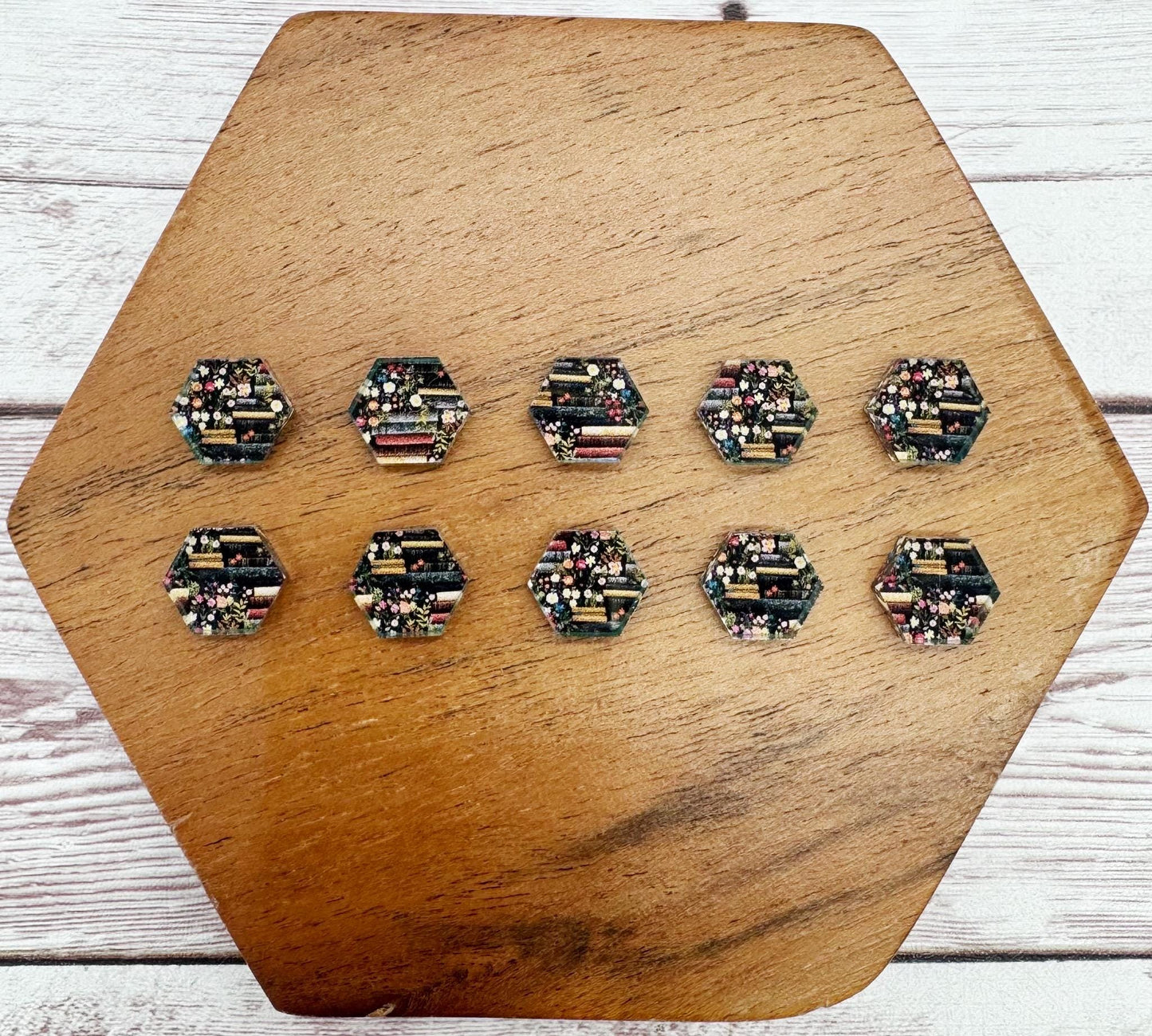 Floral Book Print Reading Acrylic Stud Earring Blanks Set of 5 Pair DIY Jewelry Making