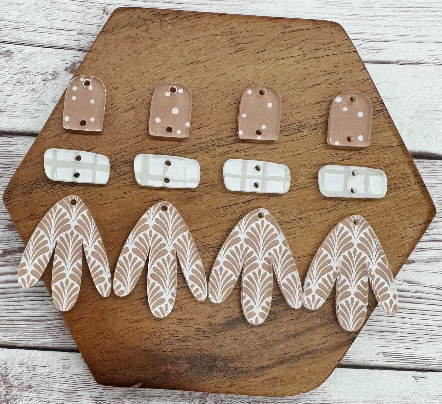 Clay and White Fan Print Boho Acrylic Trio Set Earring Blanks, DIY Jewelry Making