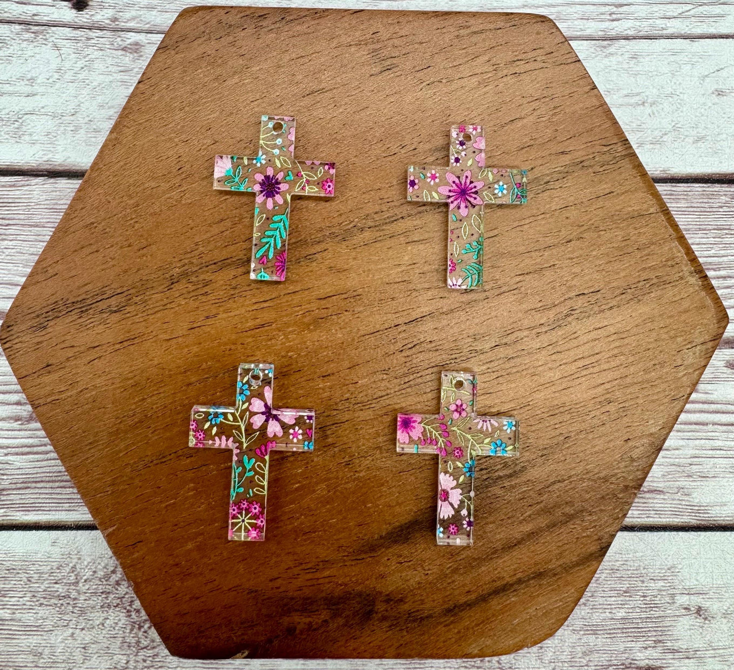 Set of 2 Pair Mini Floral Print Acrylic Cross Earring Blanks DIY Jewelry Making