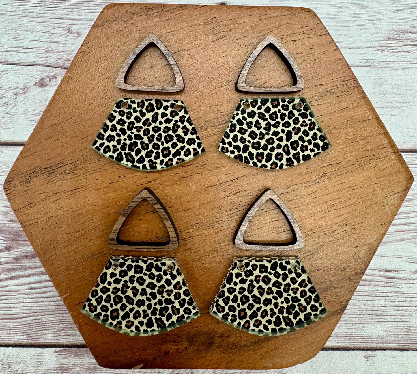 Leopard Print Acrylic and Hollow Walnut Triangle Connector Set Earring Blanks, DIY Jewelry Making