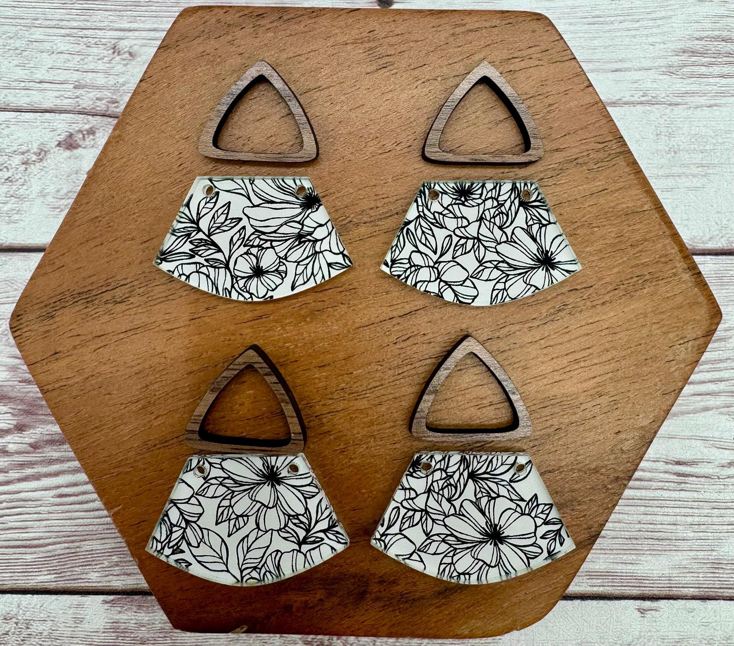Black and White Floral Print Acrylic and Hollow Walnut Triangle Connector Set Earring Blanks, DIY Jewelry Making
