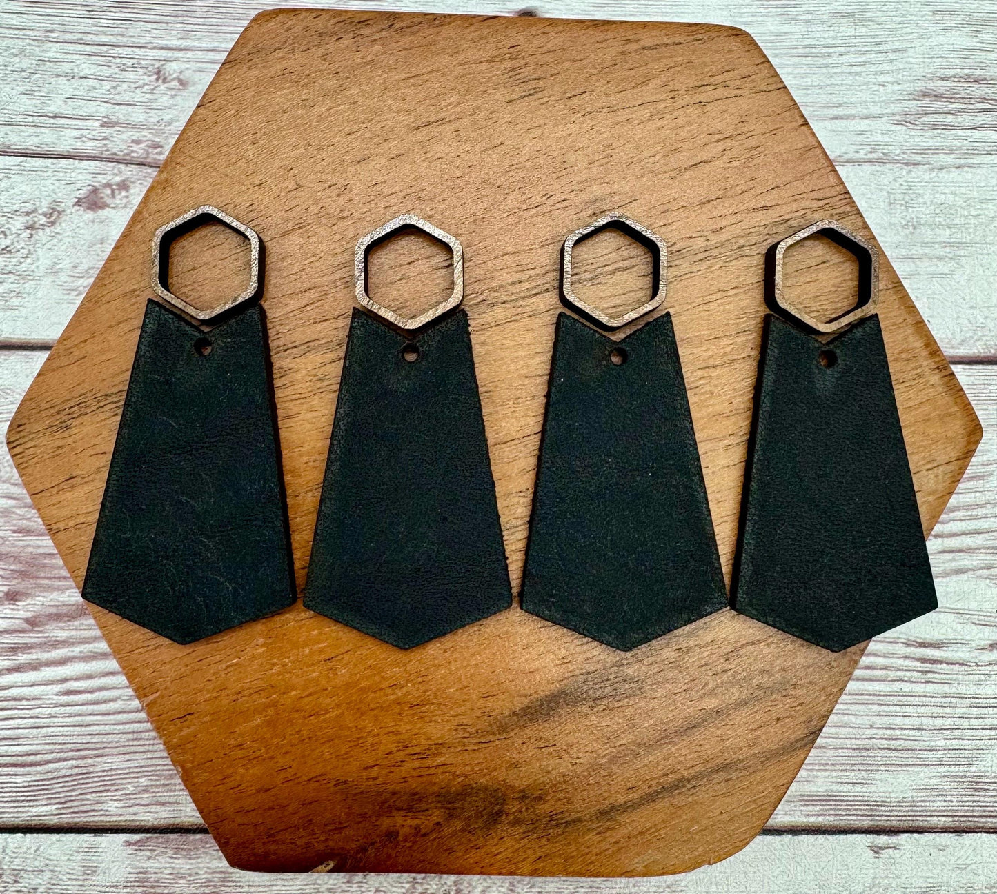 Hollow Wood Hexagon and Black Vegetable Tanned Leather Set, Earring Blanks, Finished Walnut Blank, DIY Jewelry Making