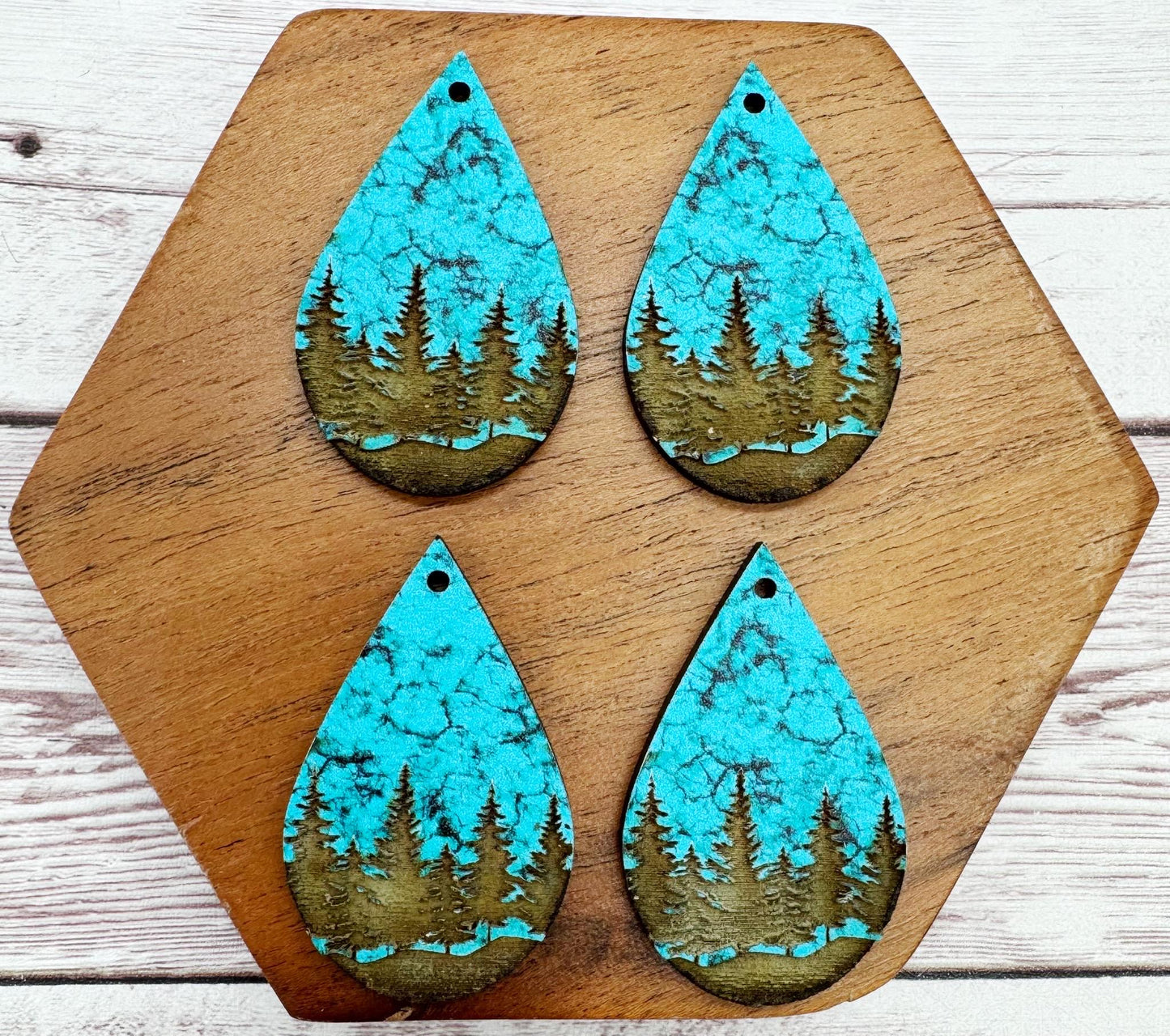 Patterned Turquoise Wood Engraved Mountains Outdoor Earring Blanks, DIY Jewelry Making