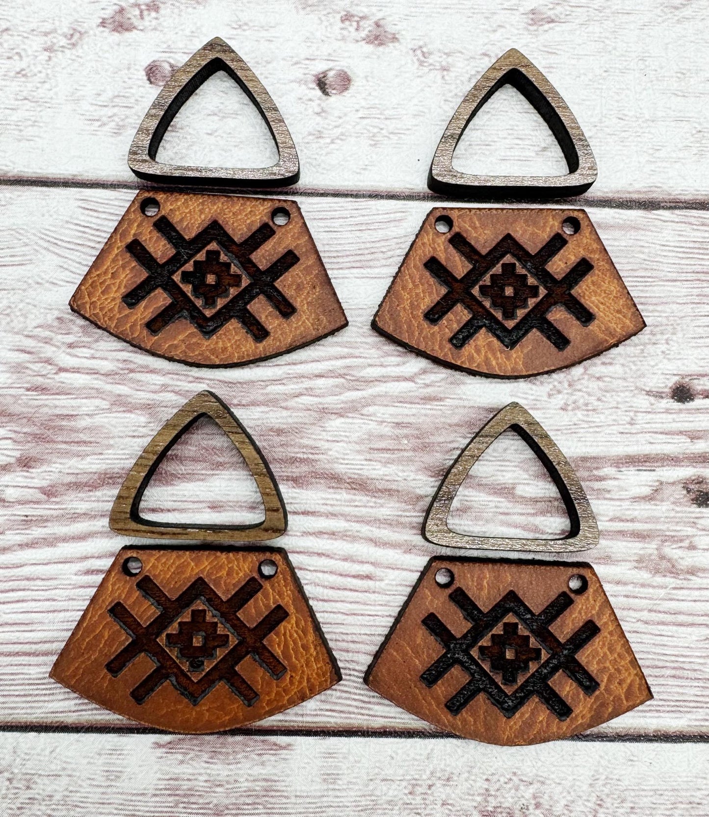 Natural Vegetable Tanned Leather Aztec #3 Southwest Engraved and Hollow Walnut Triangle Connector Set Earring Blanks, DIY Jewelry Making