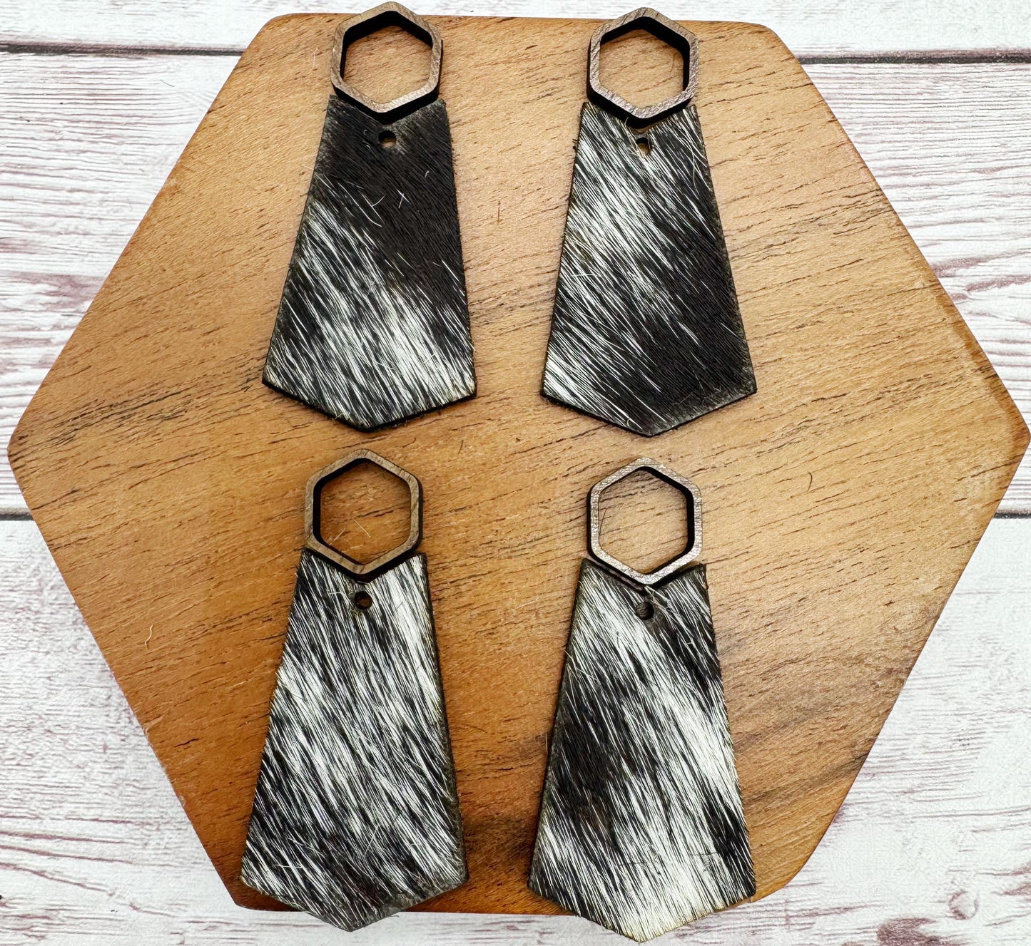 Hollow Wood Hexagon and Genuine Cowhide Backed Faux Leather Set, Earring Blanks, Finished Walnut Blank, DIY Jewelry Making