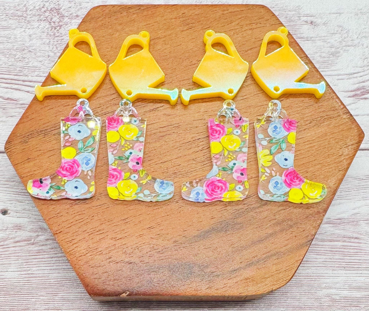 Watering Can and Rain Boots Pink and Yellow Floral Spring Acrylic Set Earring Blanks, DIY Jewelry Making