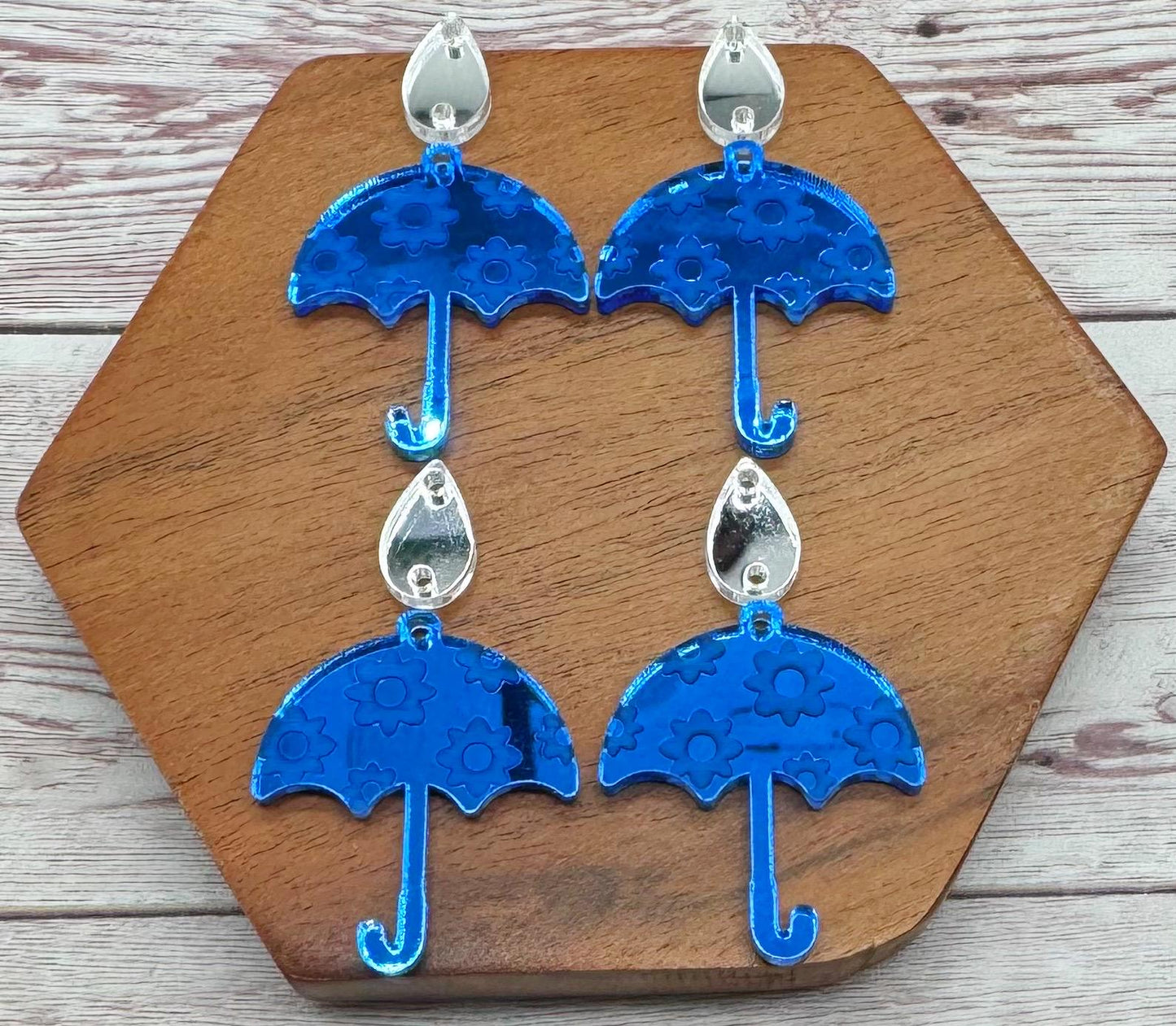 Engraved Sky Blue Mirrored Umbrella and Raindrop Spring Acrylic Set Earring Blanks, DIY Jewelry Making
